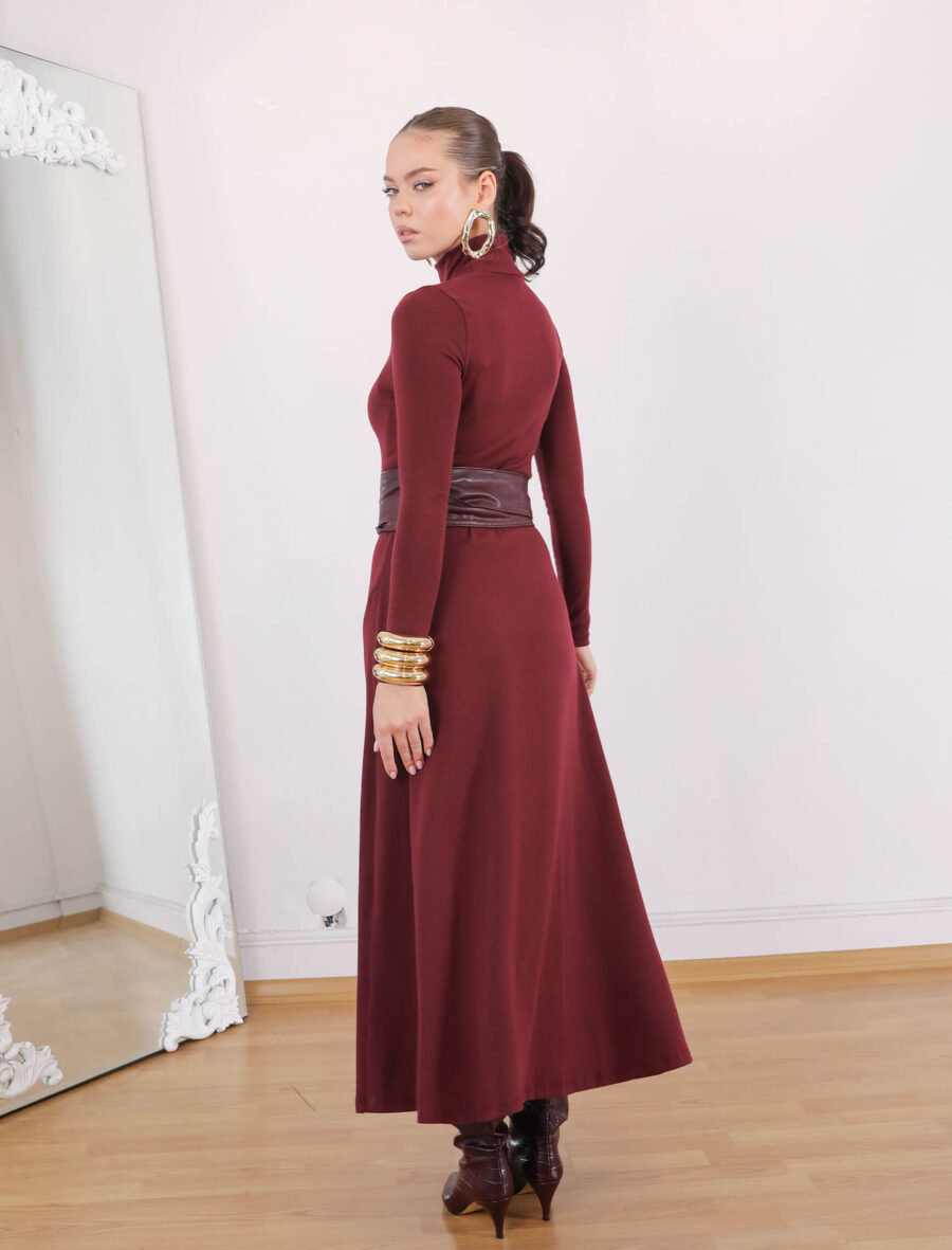 Bordo Boğazlı Yan Yırtmaç Elbise - Görsel 5