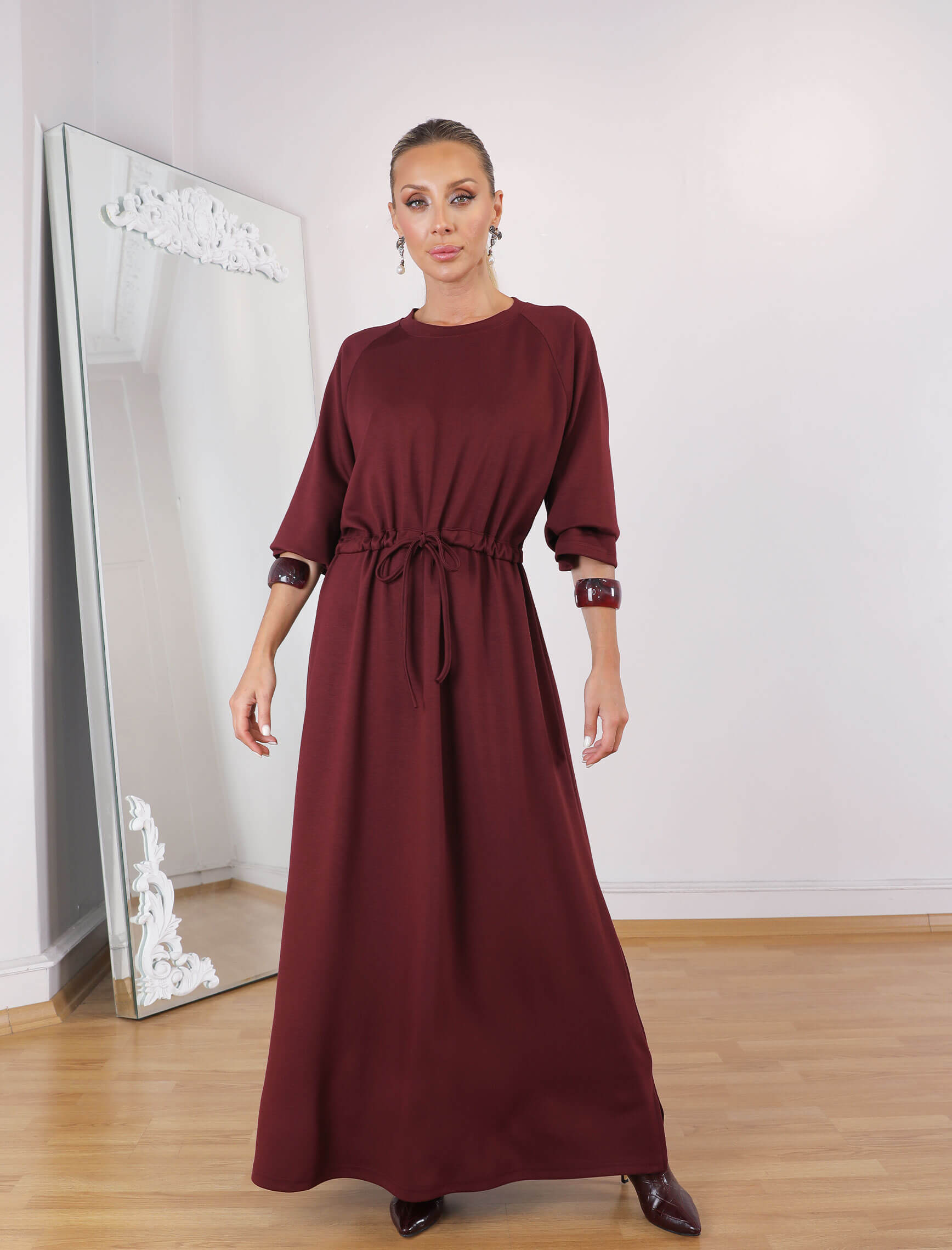 Bordo Bel Büzgülü Tina Elbise - Görsel 4