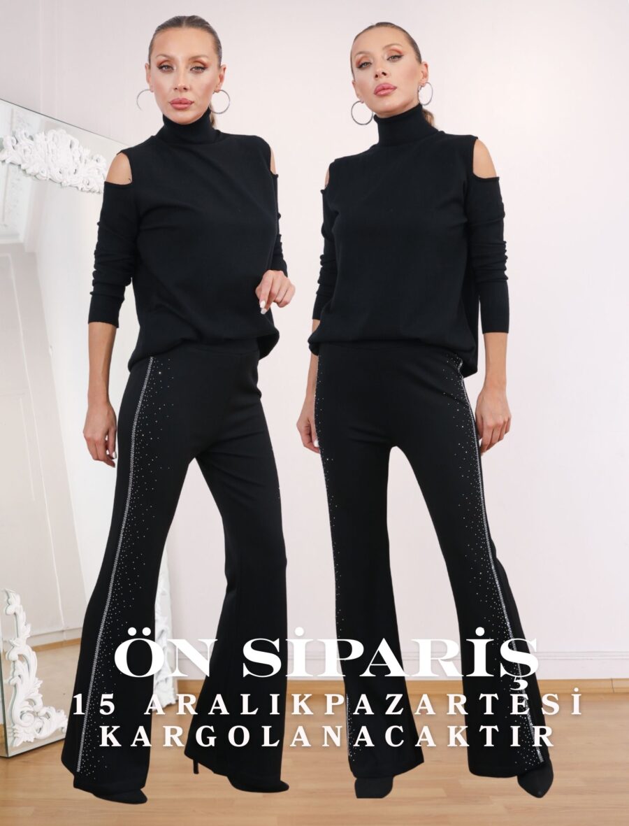 Siyah Gümüş Taşlı Sparkle Strech Pantolon