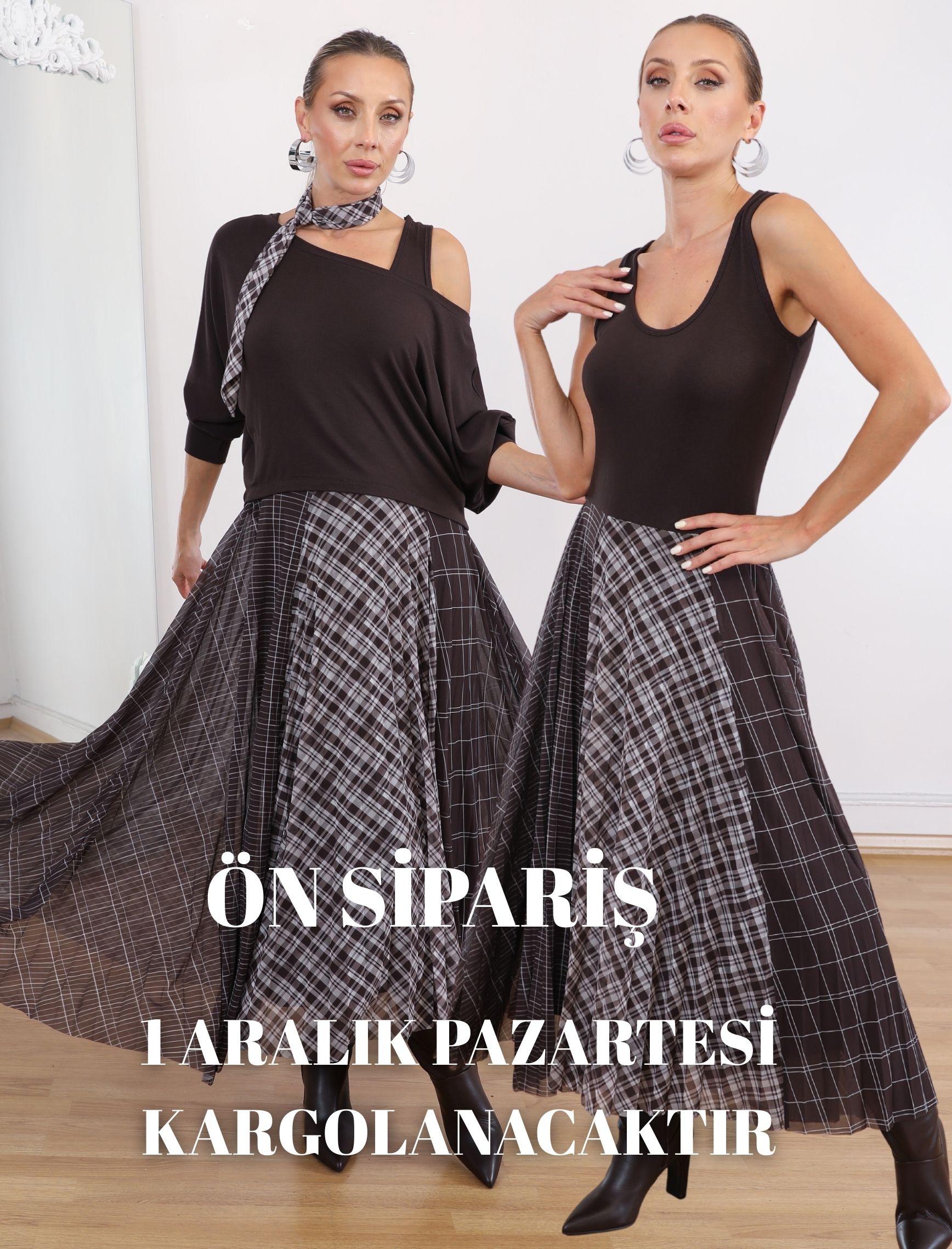 Kahve Desenli Fluarlı Rua Elbise