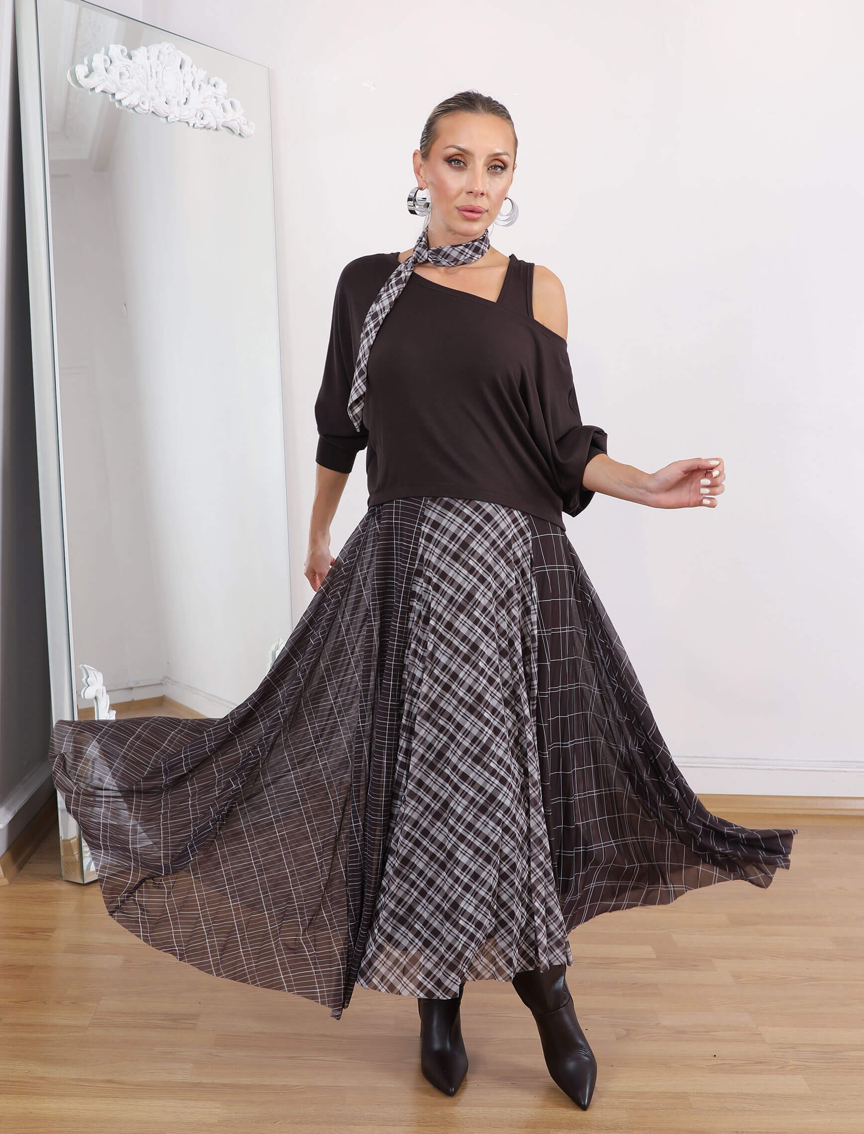 Kahve Desenli Fluarlı Rua Elbise - Görsel 5