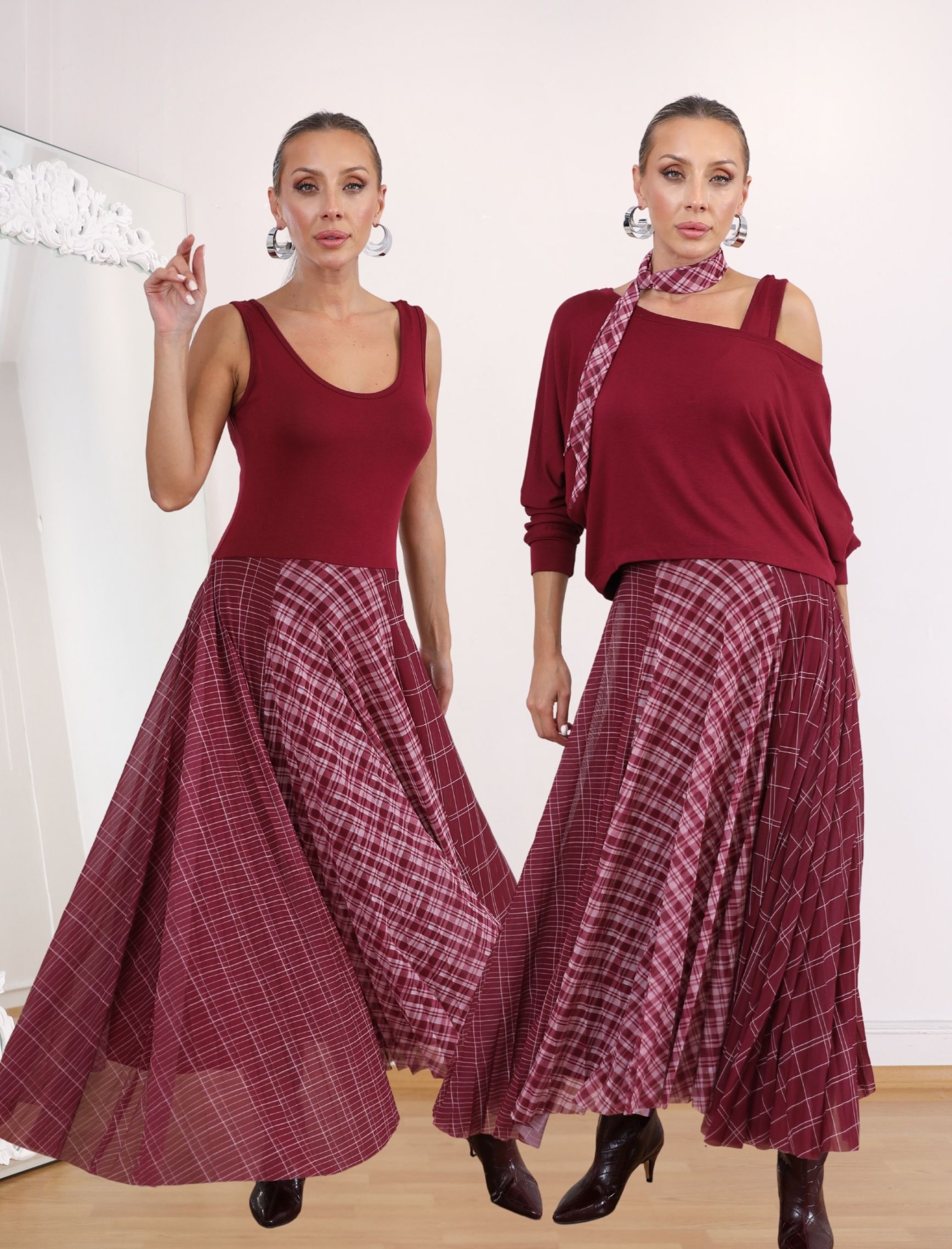 Bordo Desenli Fluarlı Rua Elbise