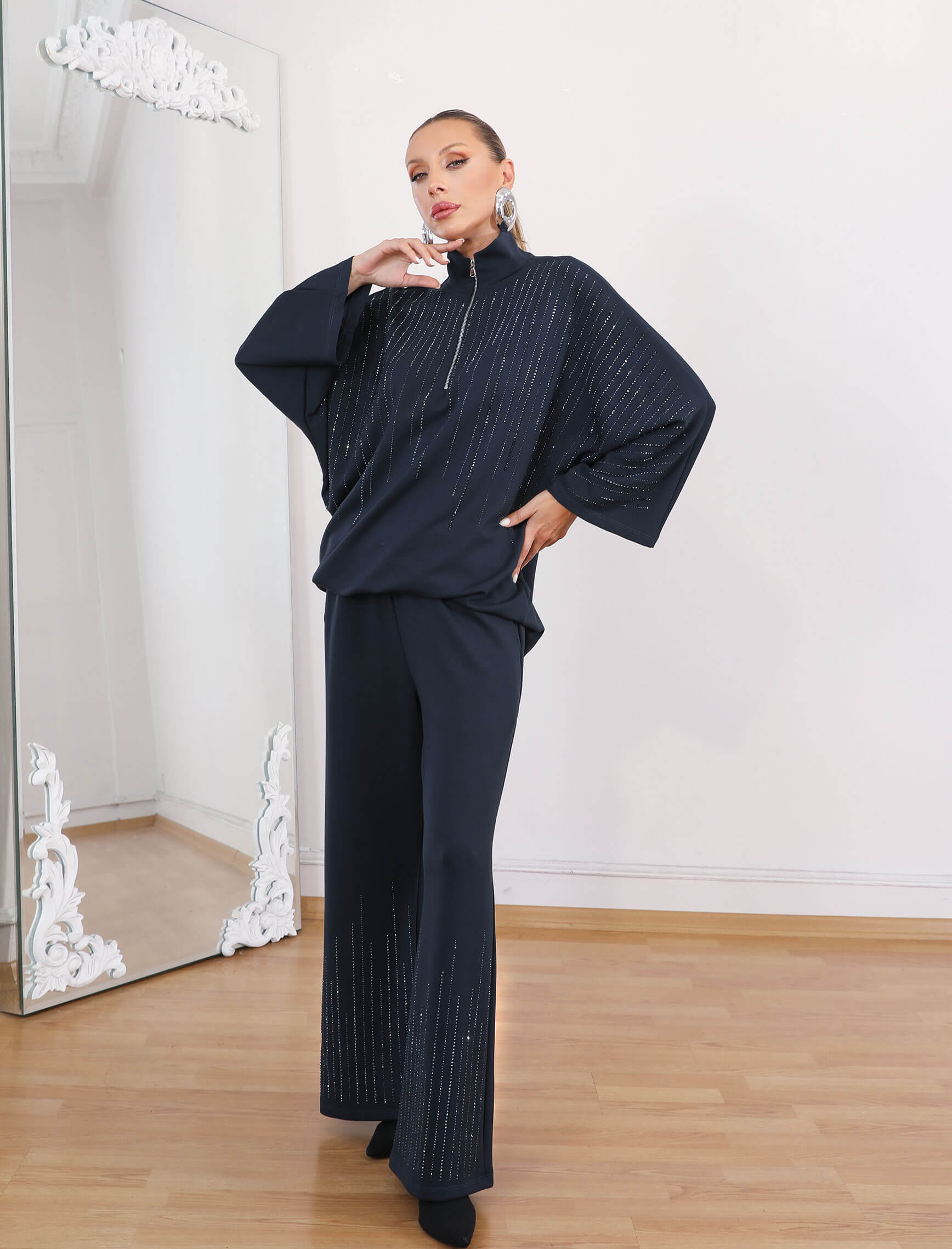 Gece Mavisi Taşlı Glamore Takım