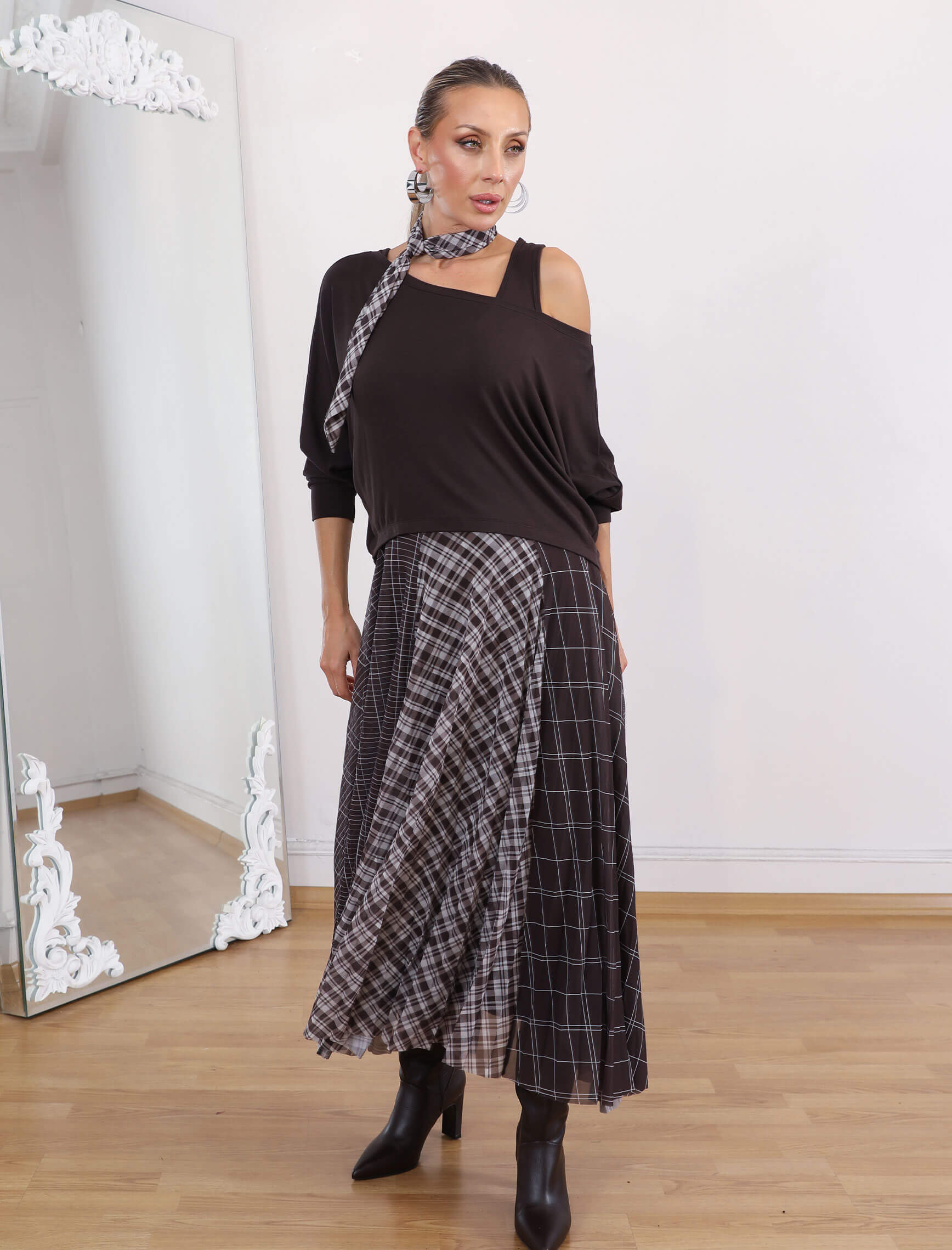 Kahve Desenli Fluarlı Rua Elbise - Görsel 4