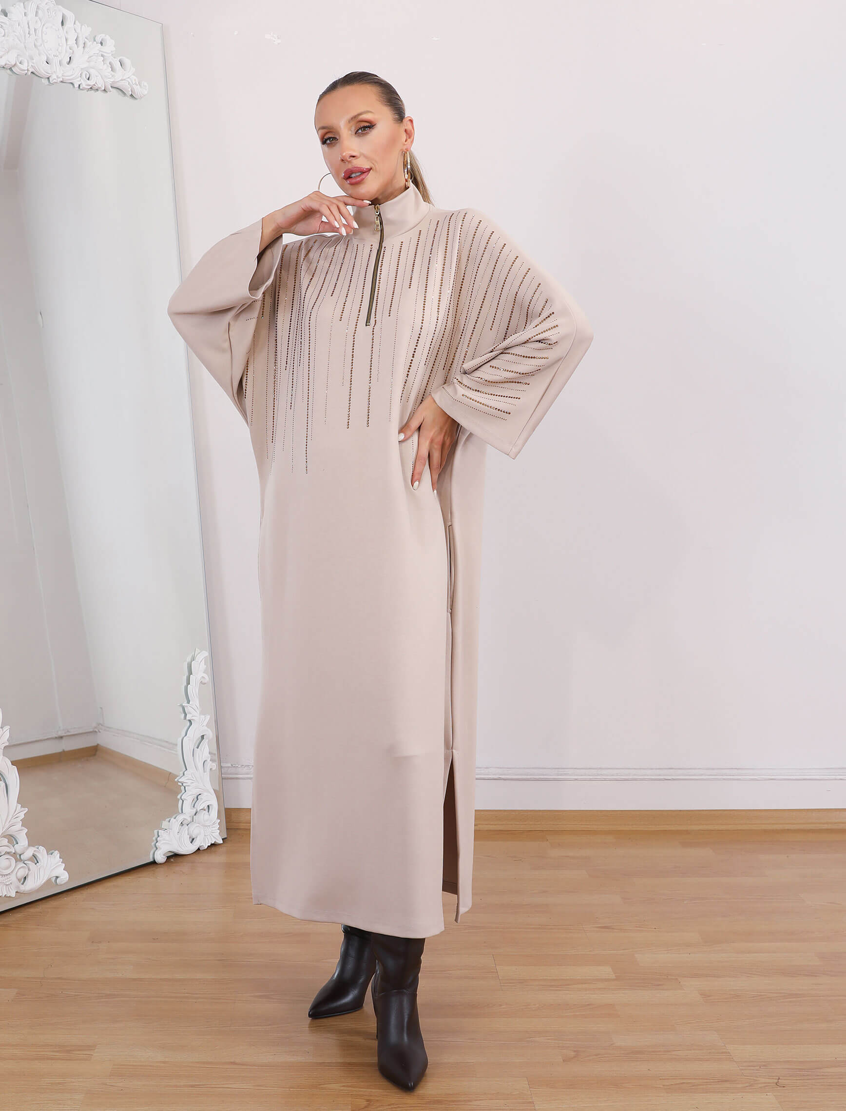 Bej Gold Taşlı Glamore Elbise - Görsel 3