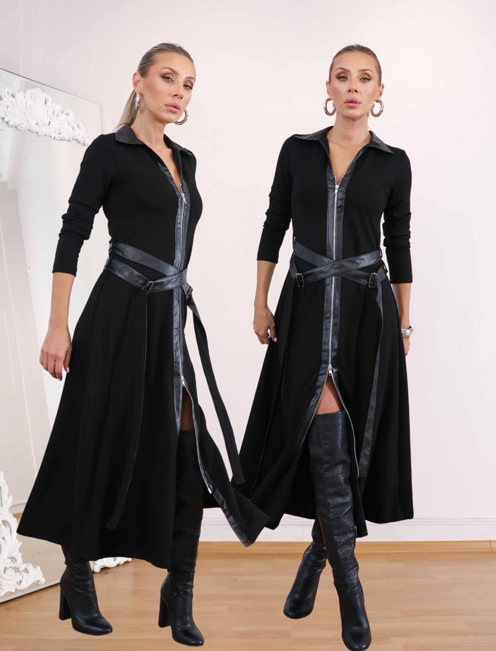 Siyah Deri Detay Çapraz Kemer Elbise