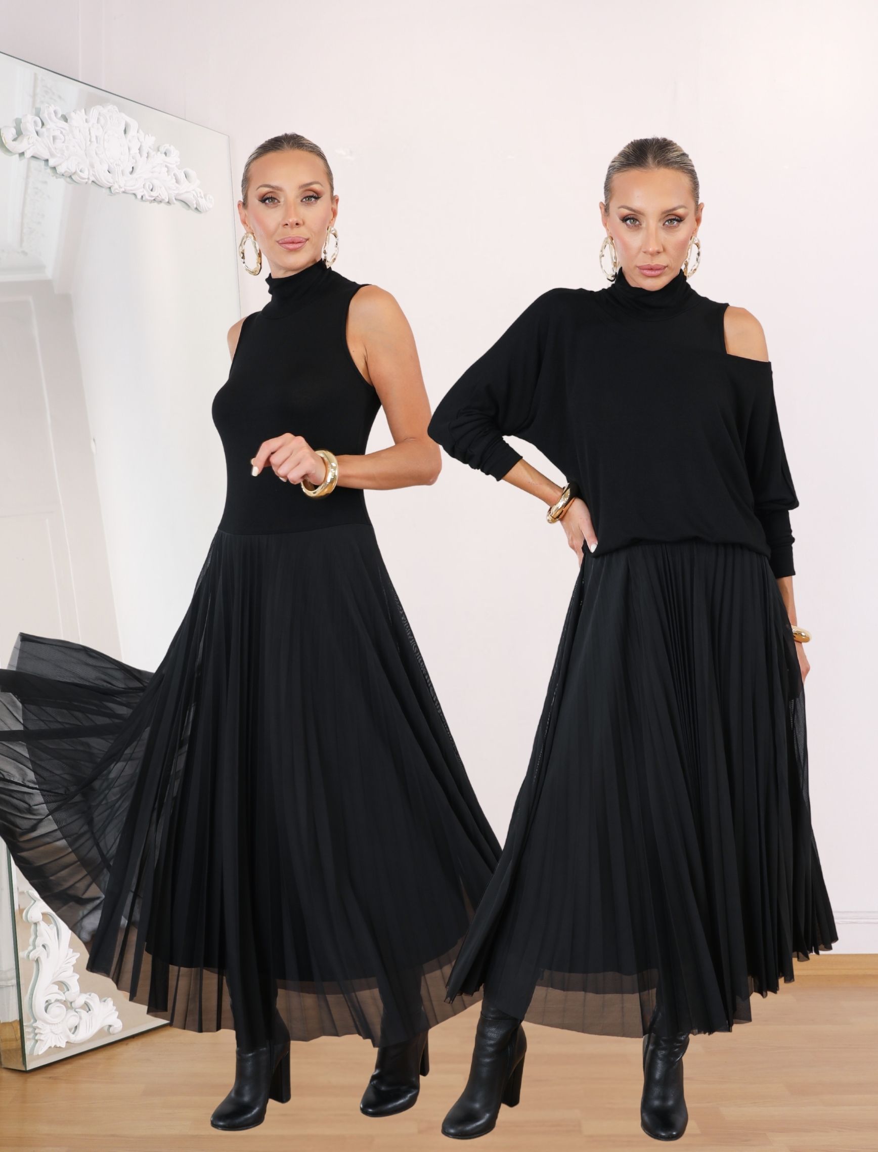 Siyah Boğazlı Rua İkili Elbise