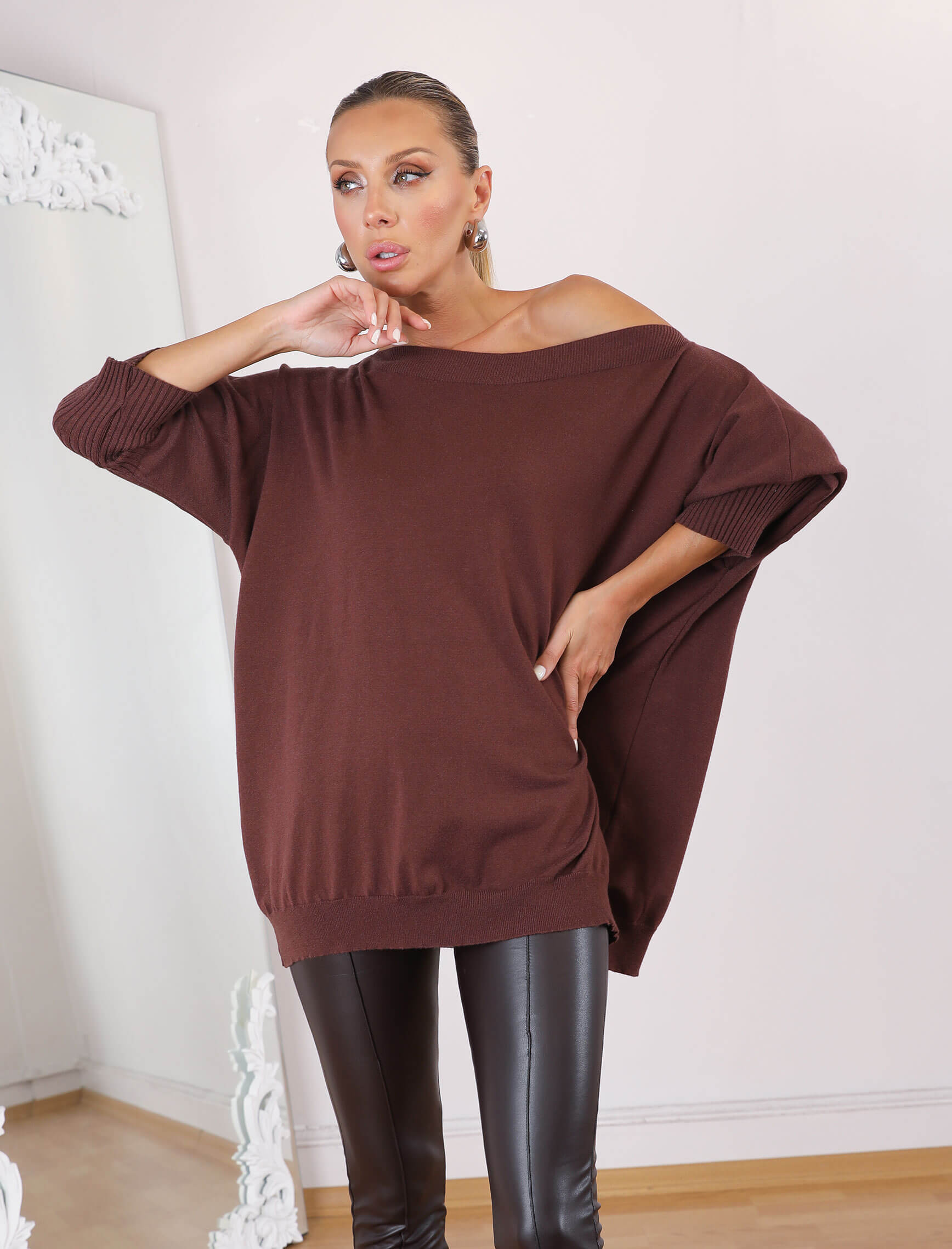 Koyu Kahve Kayık Yaka Boho Triko - Görsel 3