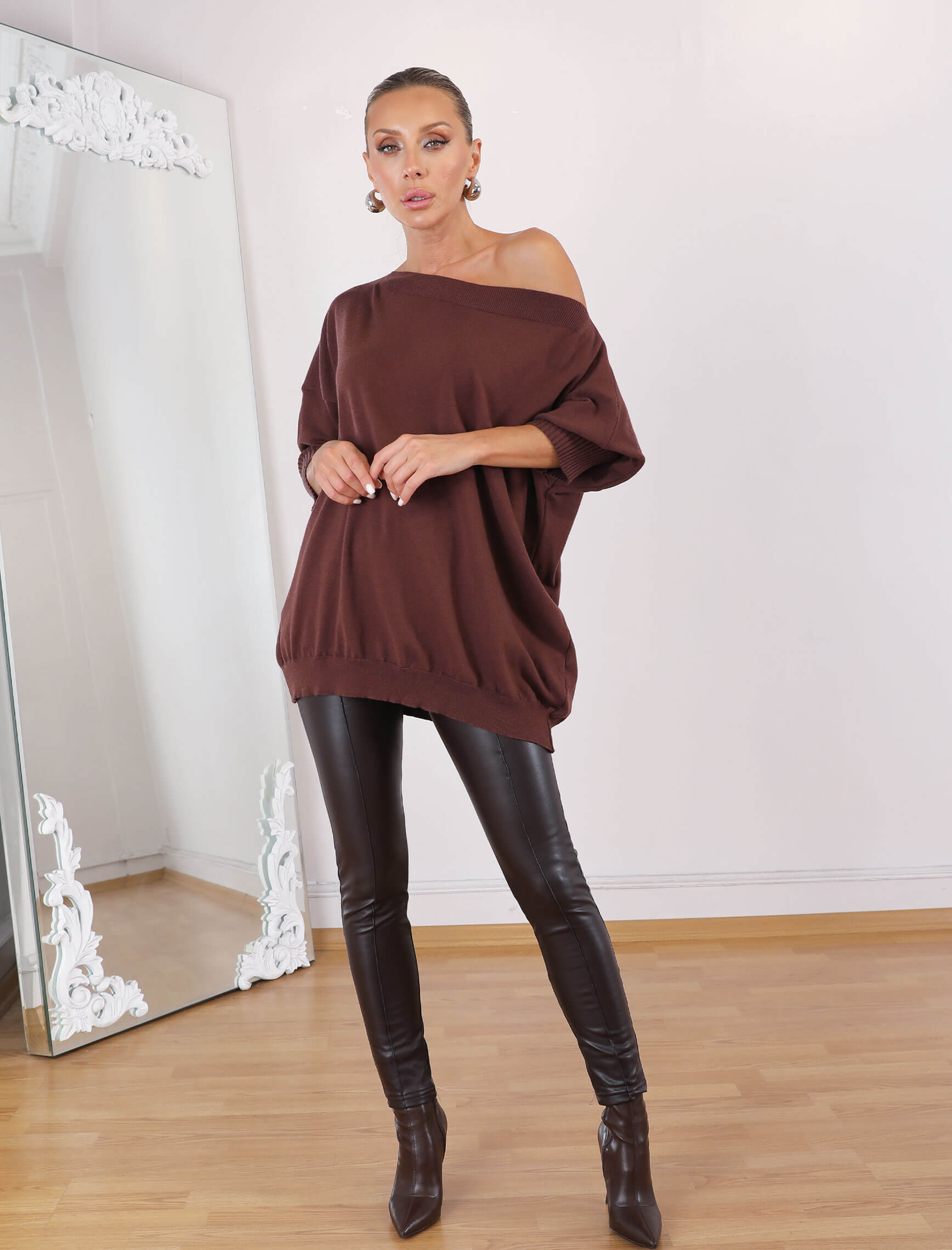 Koyu Kahve Kayık Yaka Boho Triko - Görsel 2