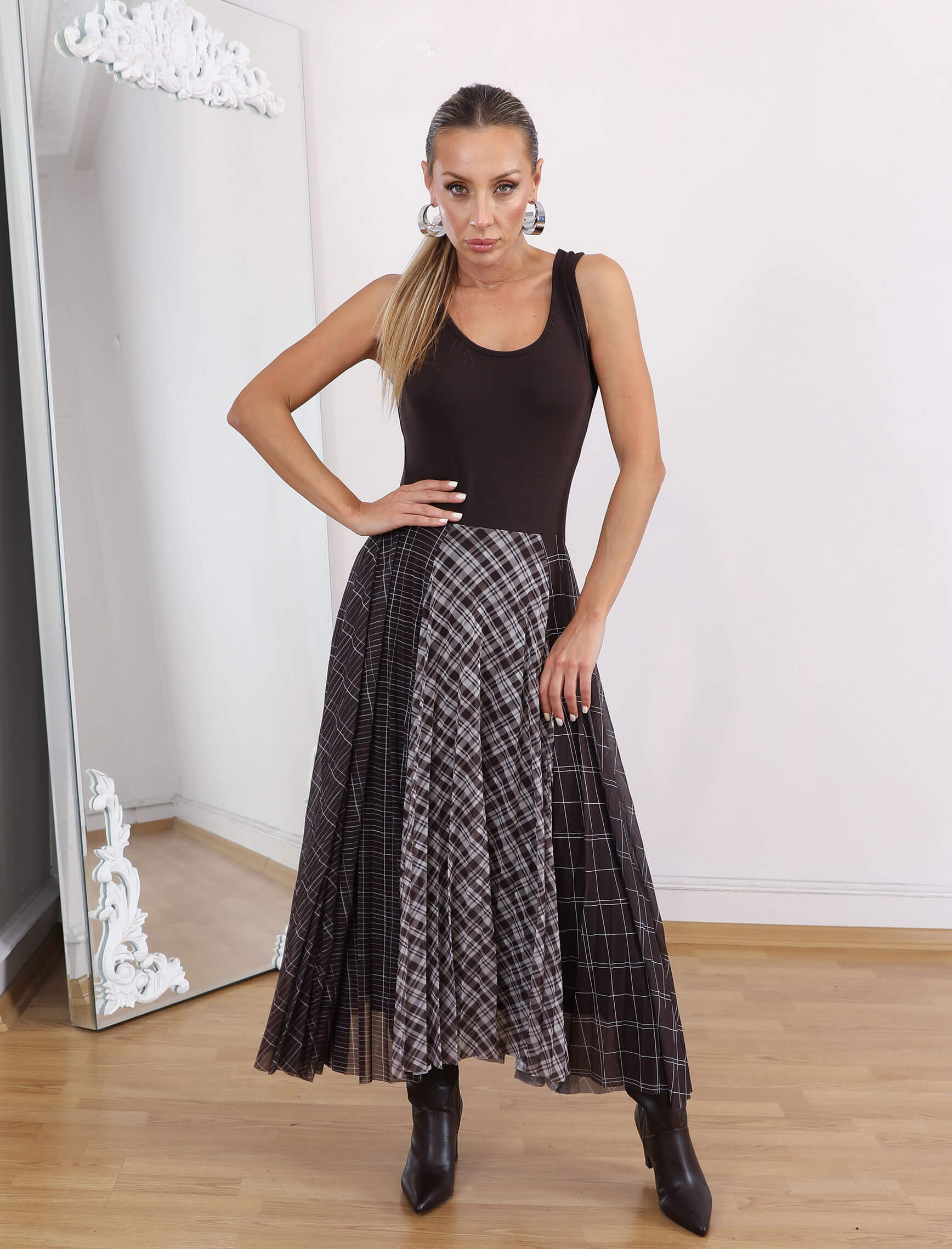 Kahve Desenli Fluarlı Rua Elbise - Görsel 3