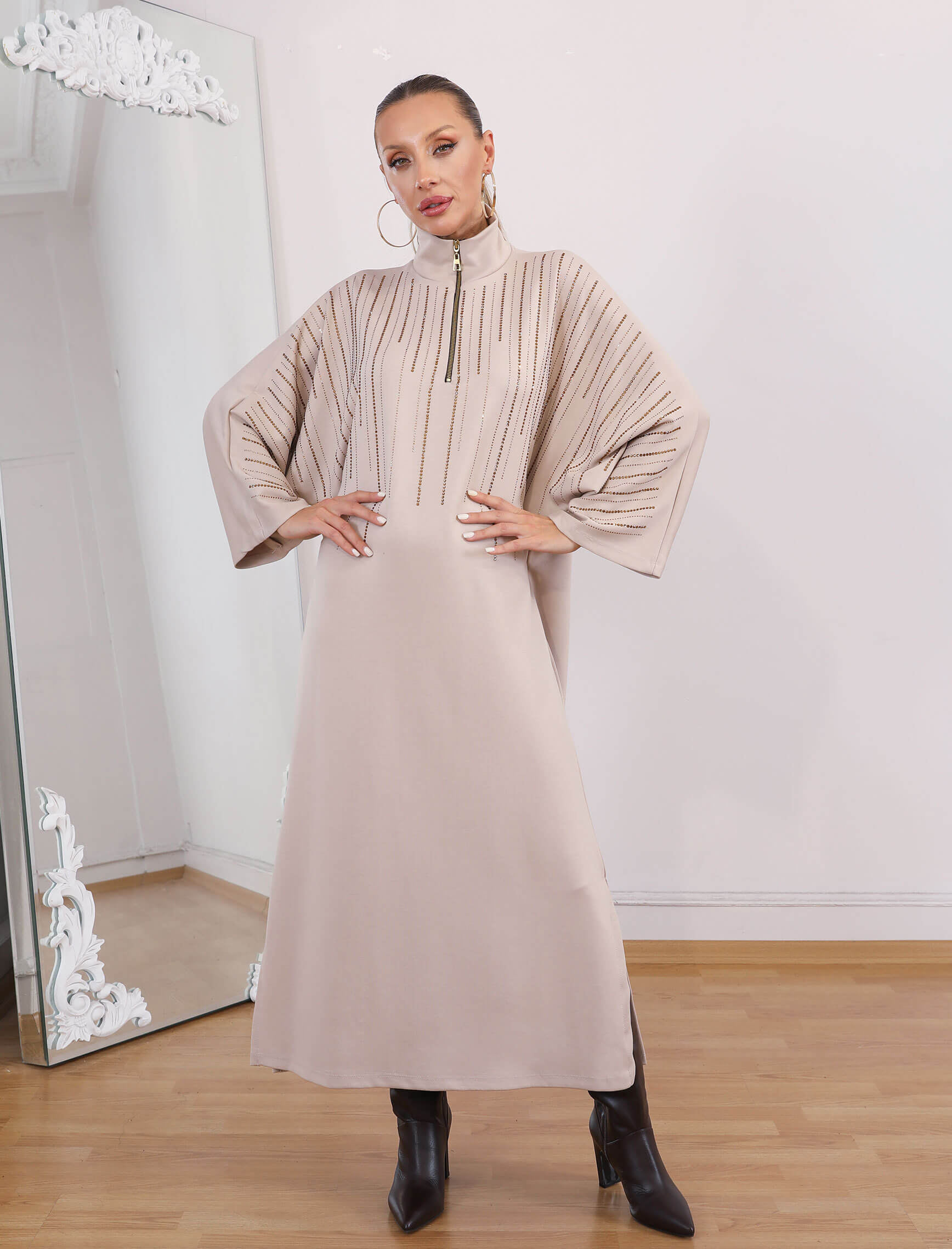 Bej Gold Taşlı Glamore Elbise - Görsel 4