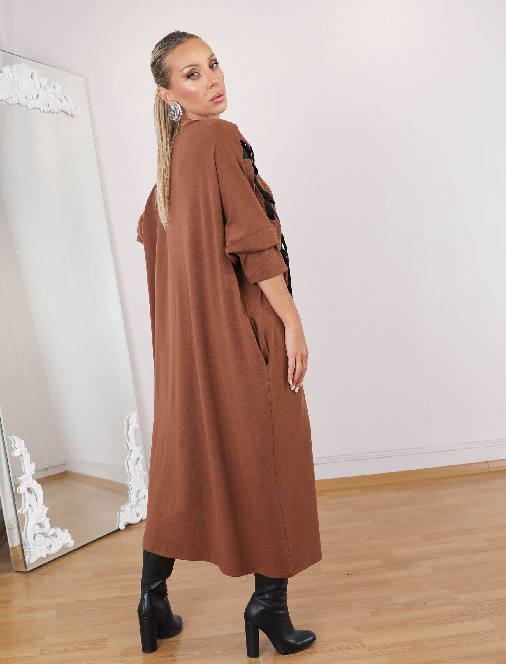 Tarçın Kahve Tia Kuşgözü Elbise - Görsel 4