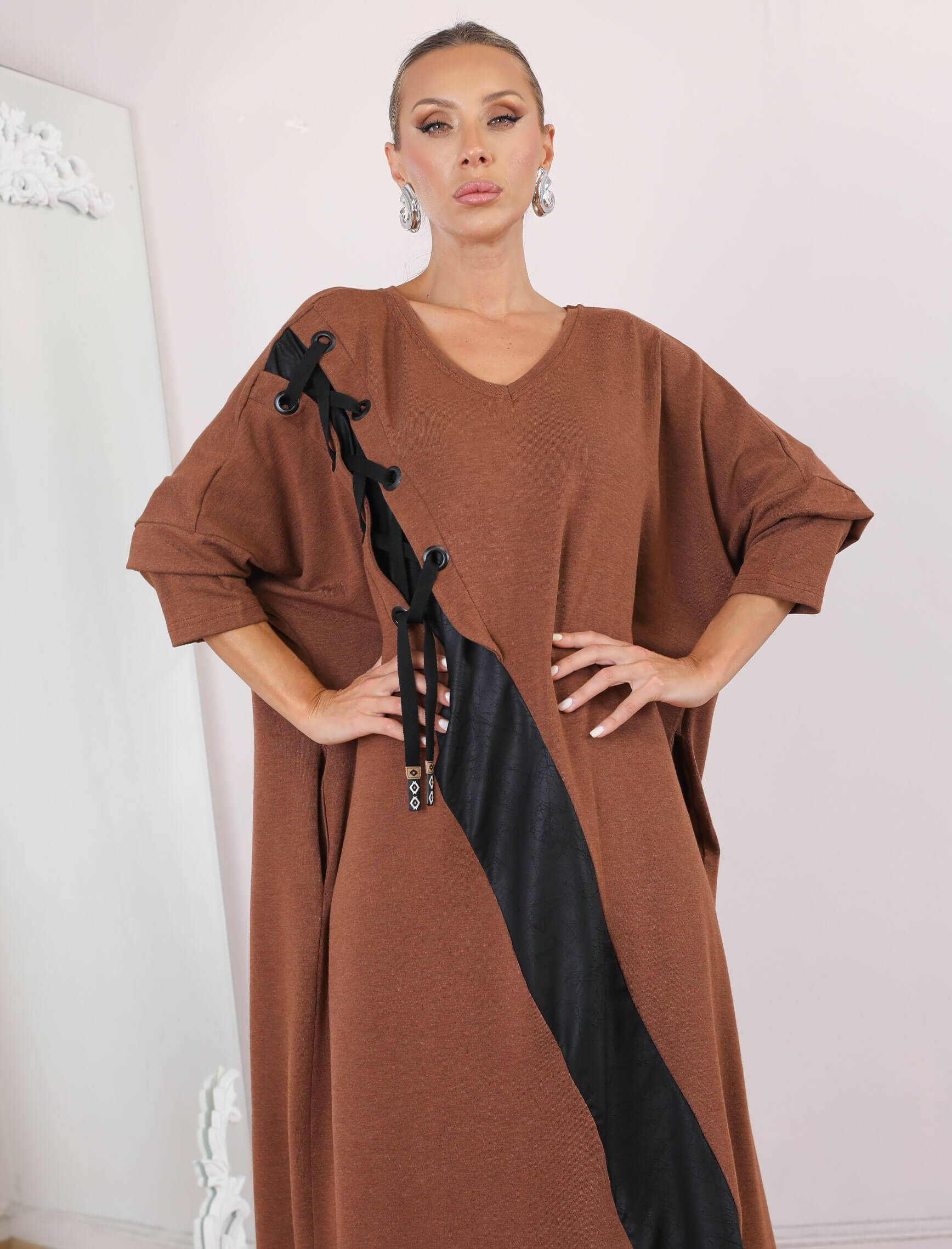 Tarçın Kahve Tia Kuşgözü Elbise - Görsel 3