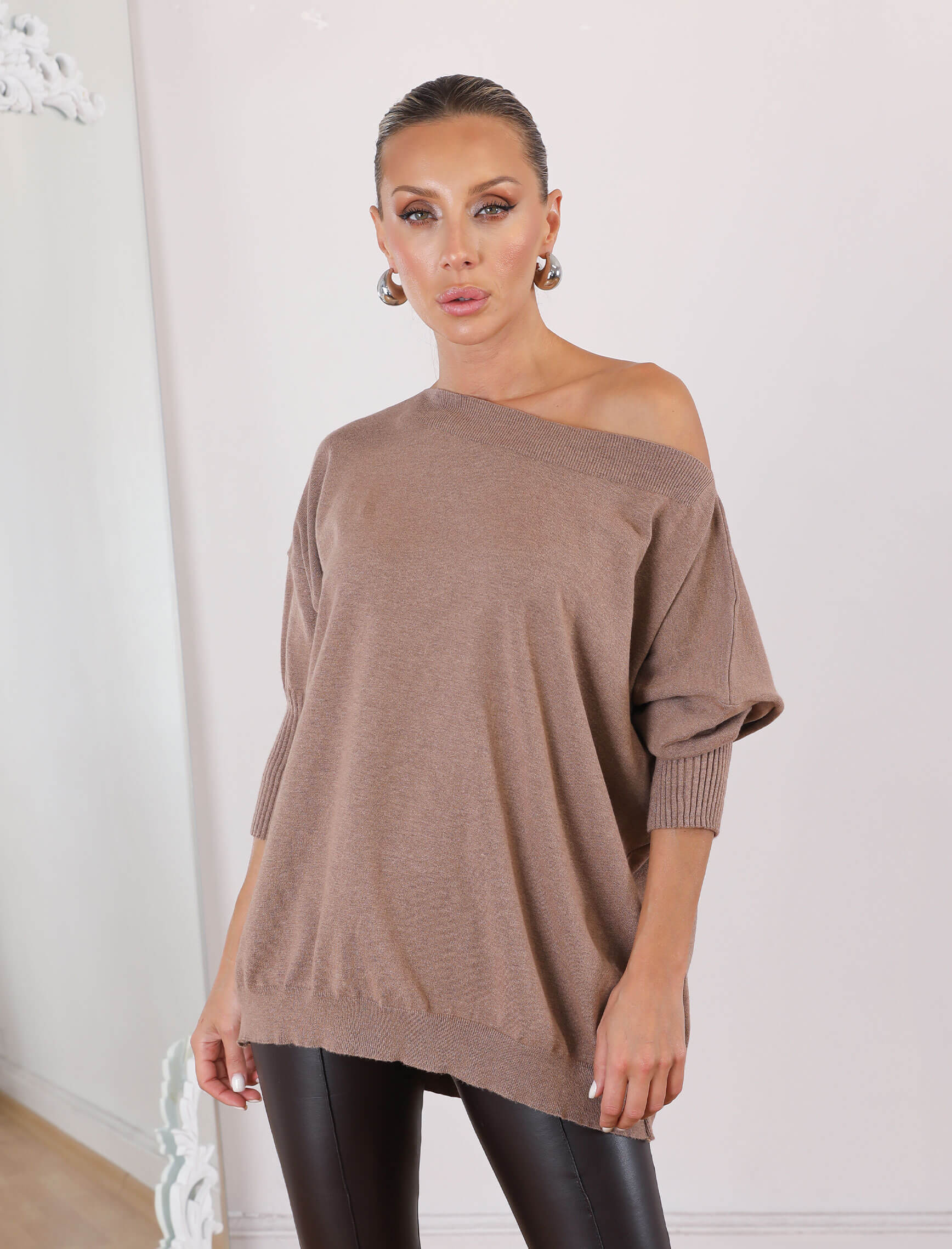 Badem Kahve Kayık Yaka Boho Triko - Görsel 2