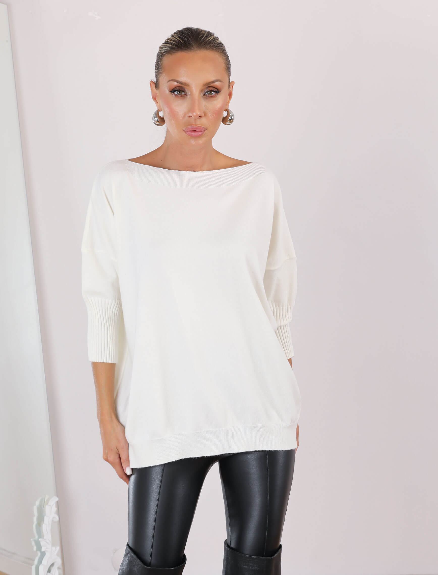 Ekru Kayık Yaka Boho Triko - Görsel 4