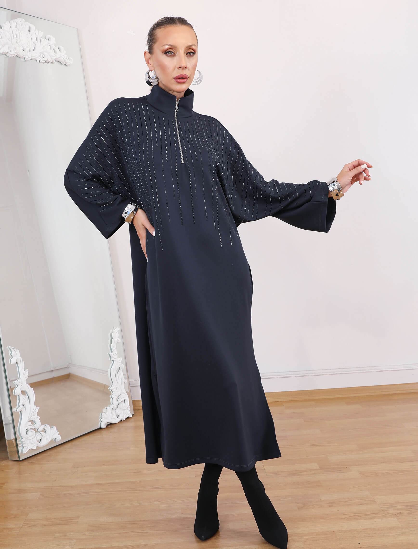 Gece Mavisi Taşlı Glamore Elbise - Görsel 4