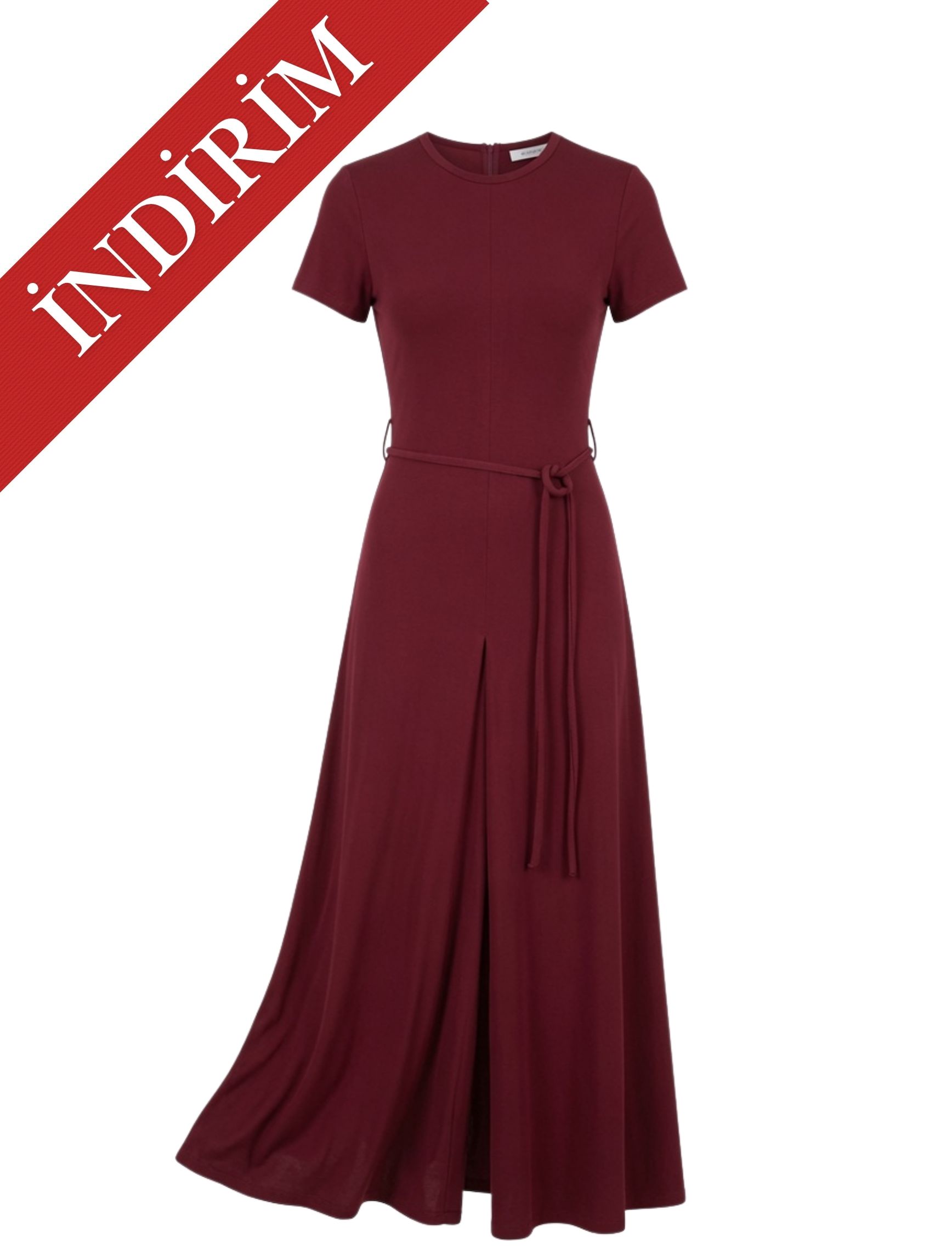 Bordo Kordon Kuşak Elbise - OUTLET