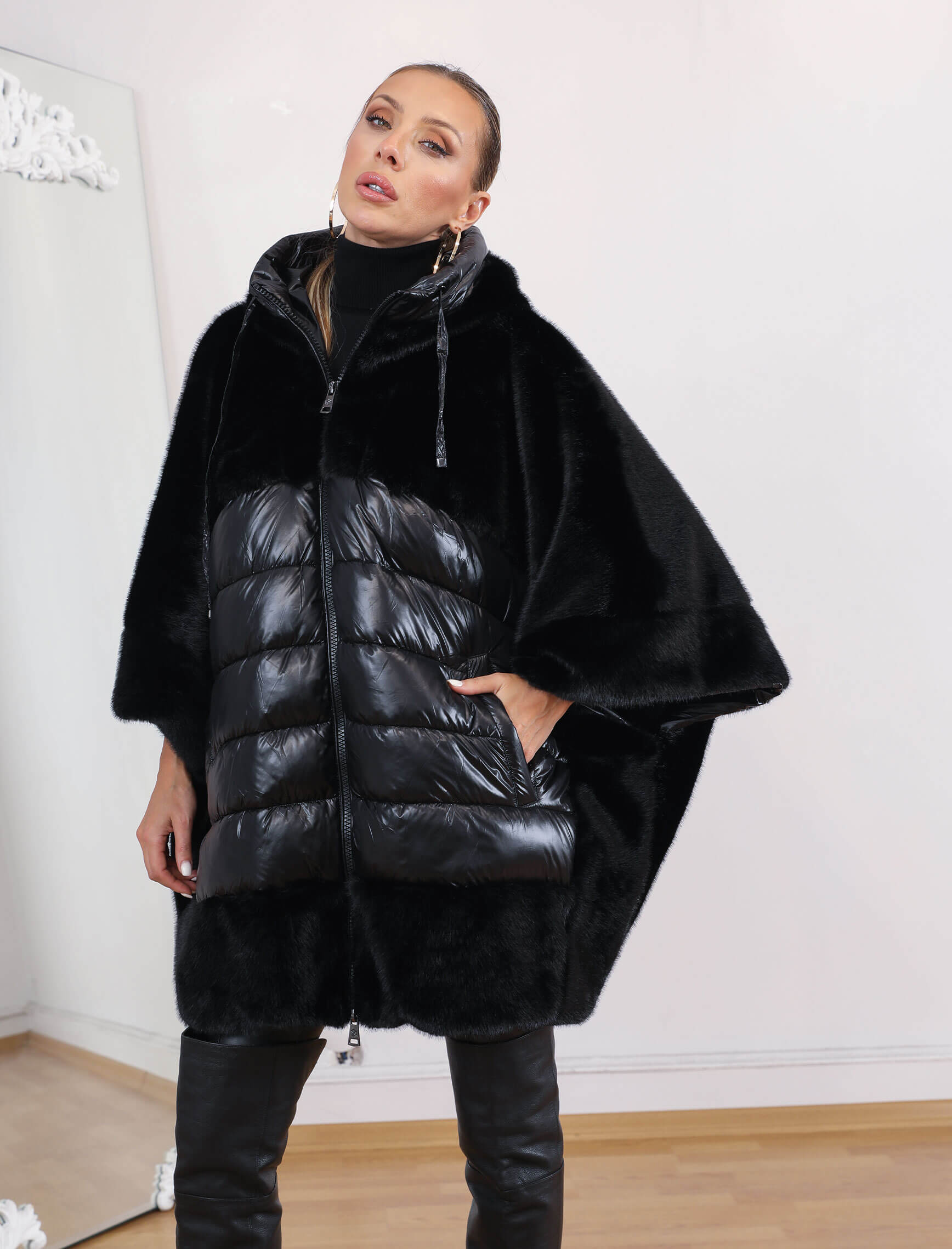 Siyah Tasarım Mionee Puffer-Kürk