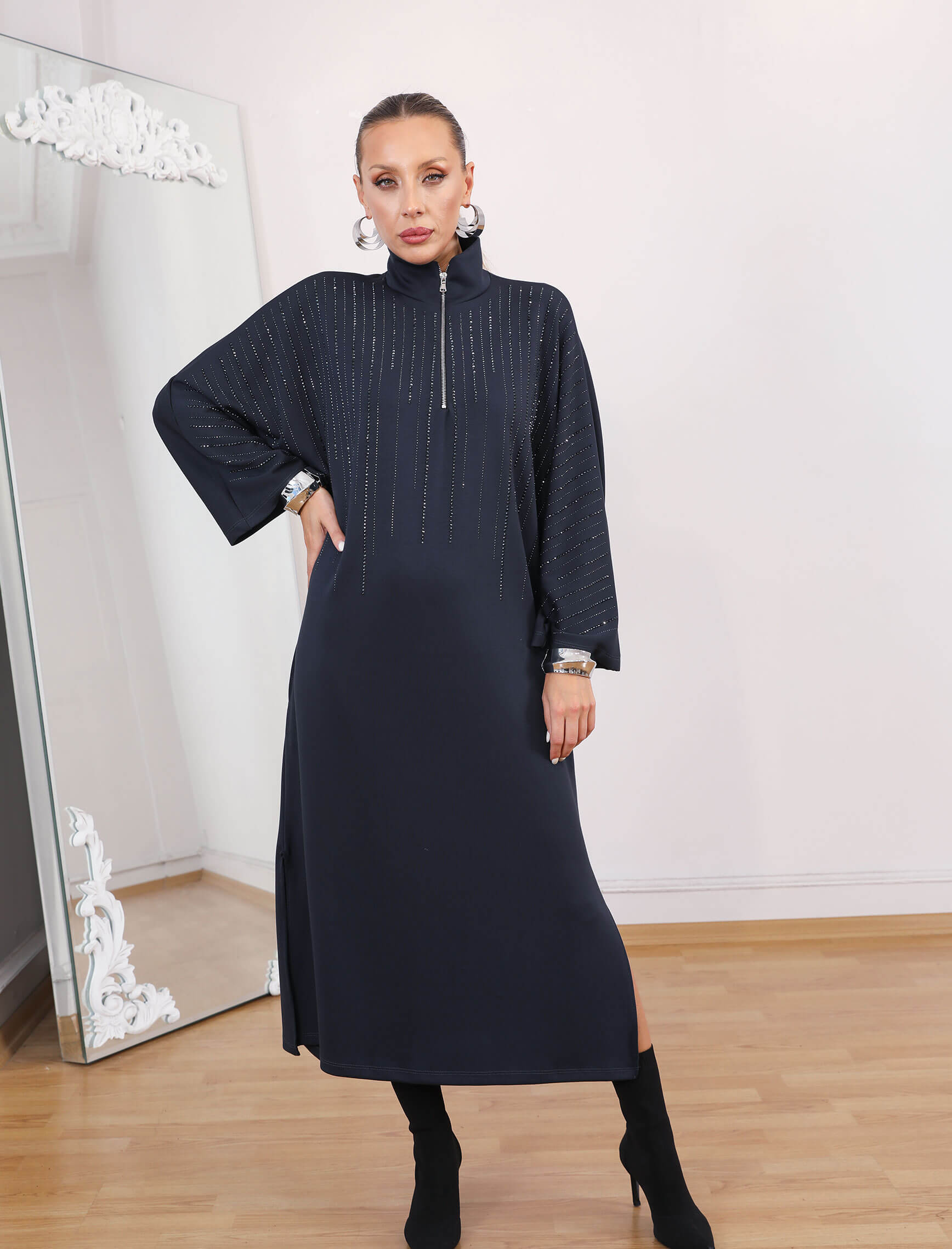 Gece Mavisi Taşlı Glamore Elbise - Görsel 2