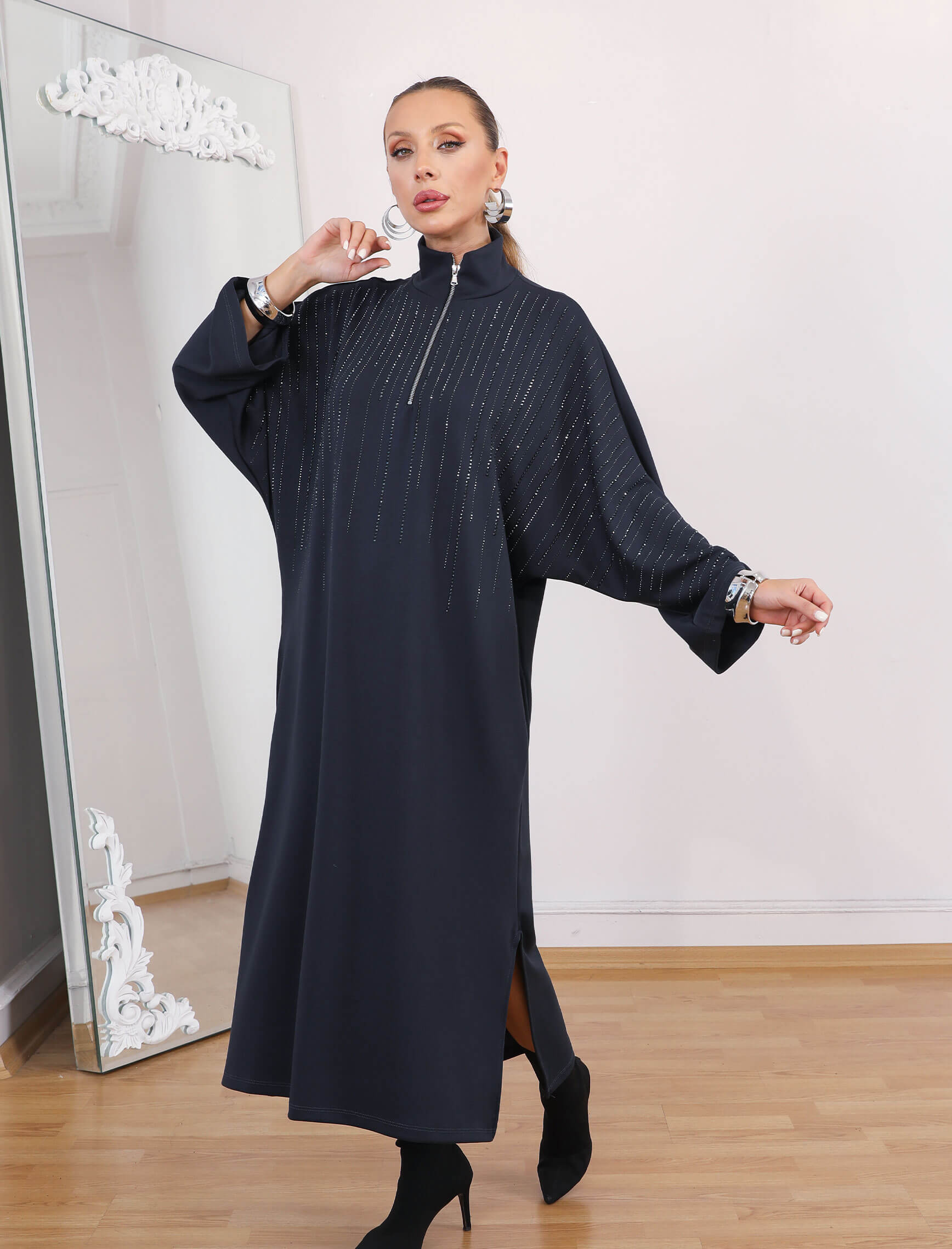 Gece Mavisi Taşlı Glamore Elbise