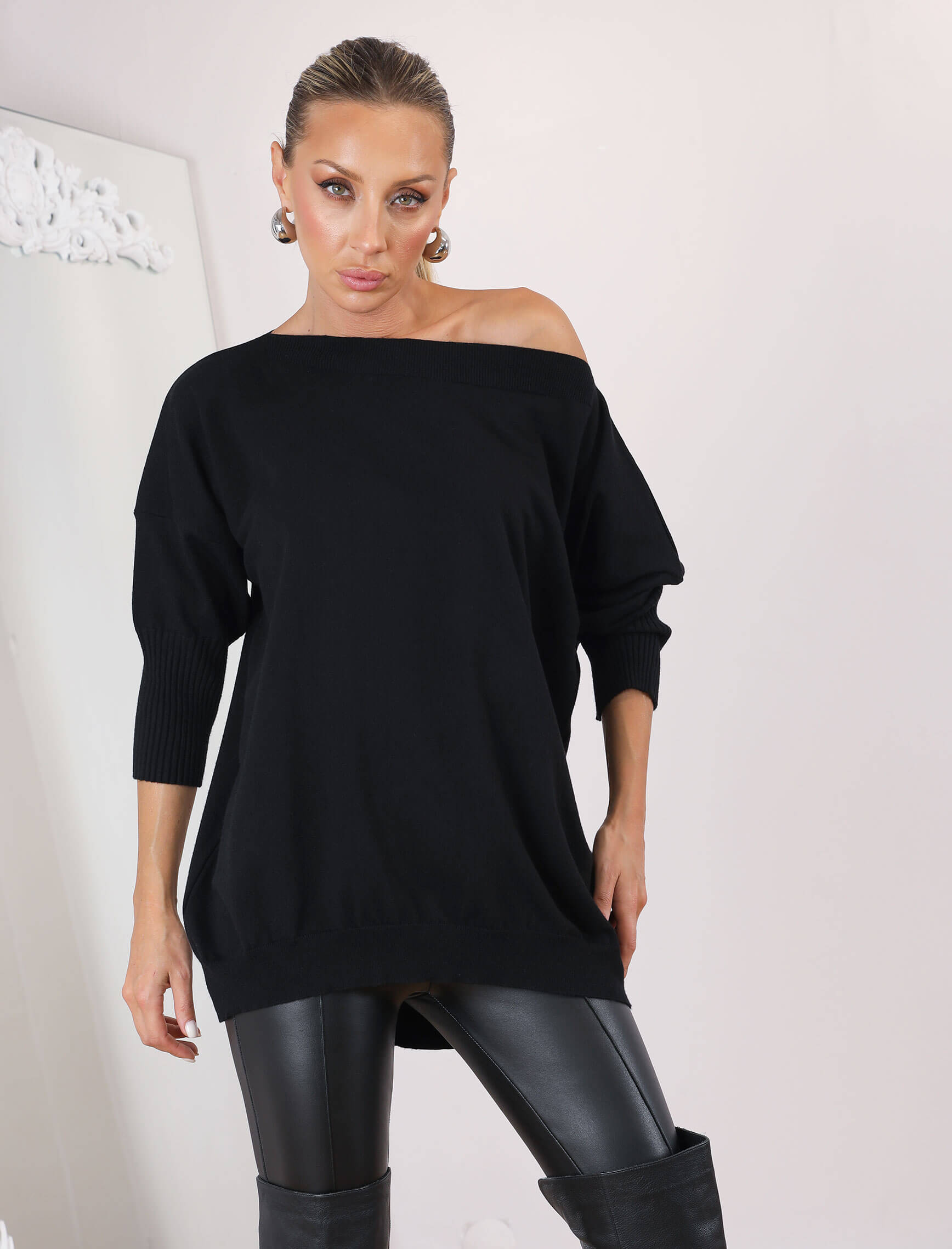 Siyah Kayık Yaka Boho Triko - Görsel 4