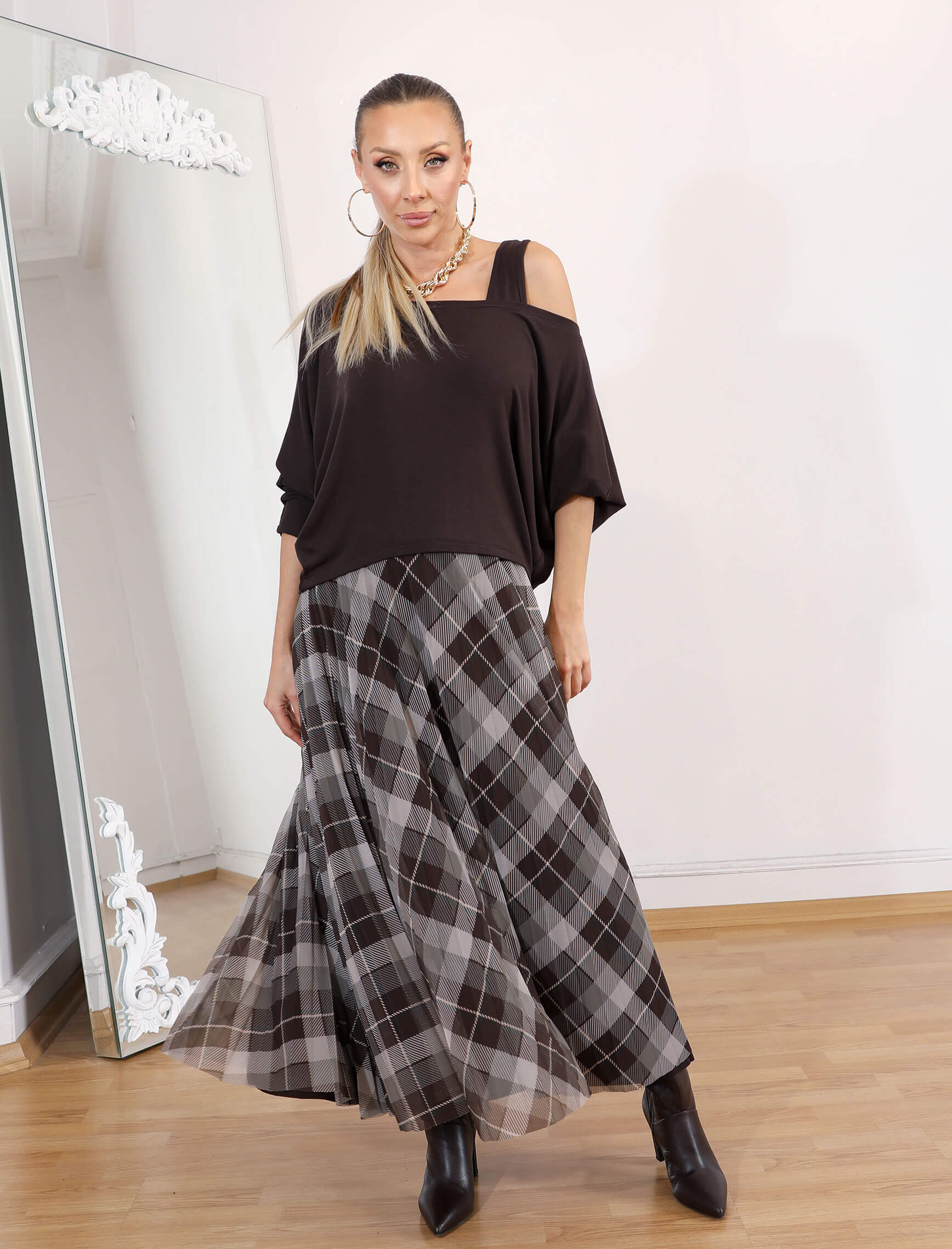 Kahve Ekose Etekli Rua Elbise - Görsel 6