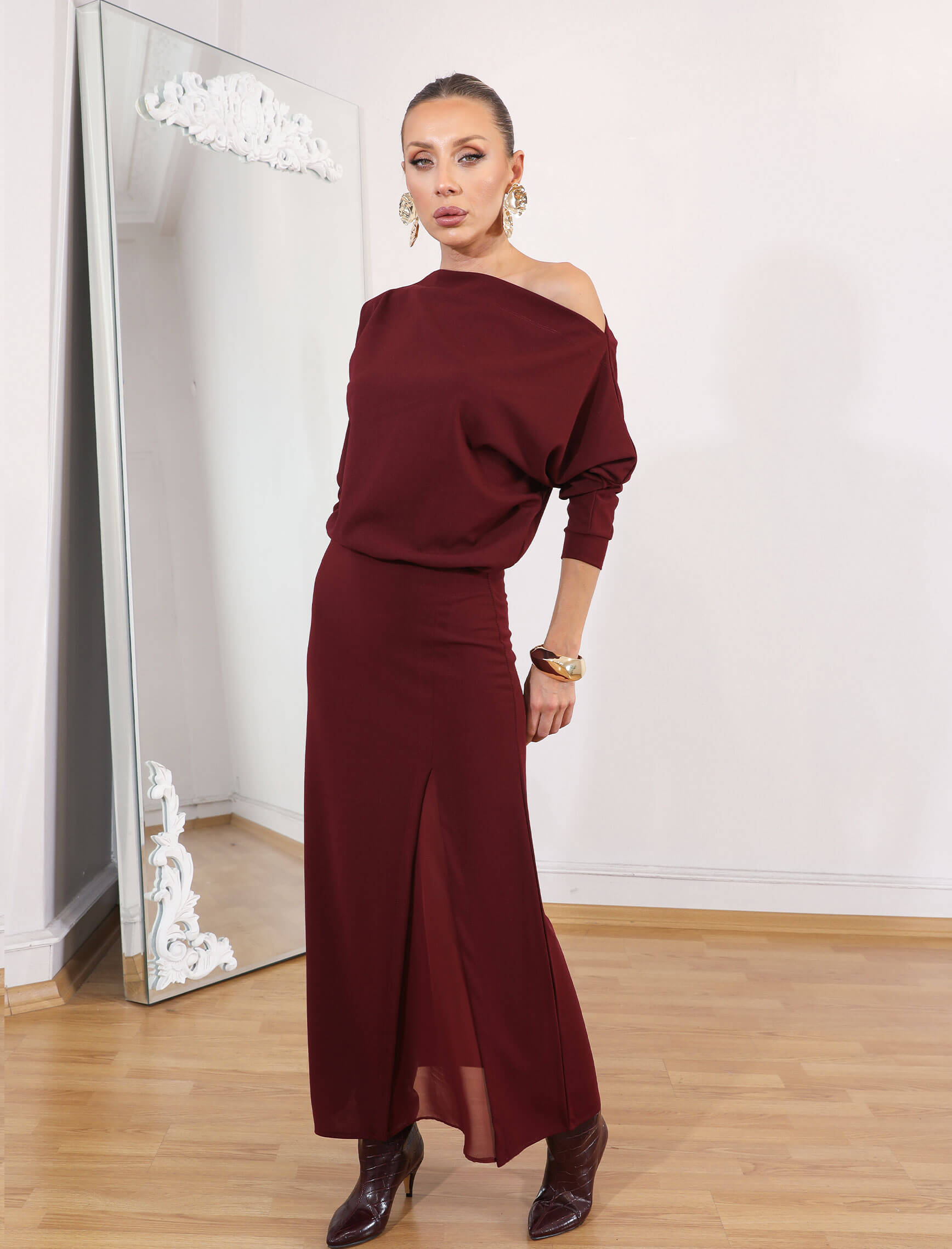 Bordo Diva Şifon Yırtmaç Elbise - Görsel 5