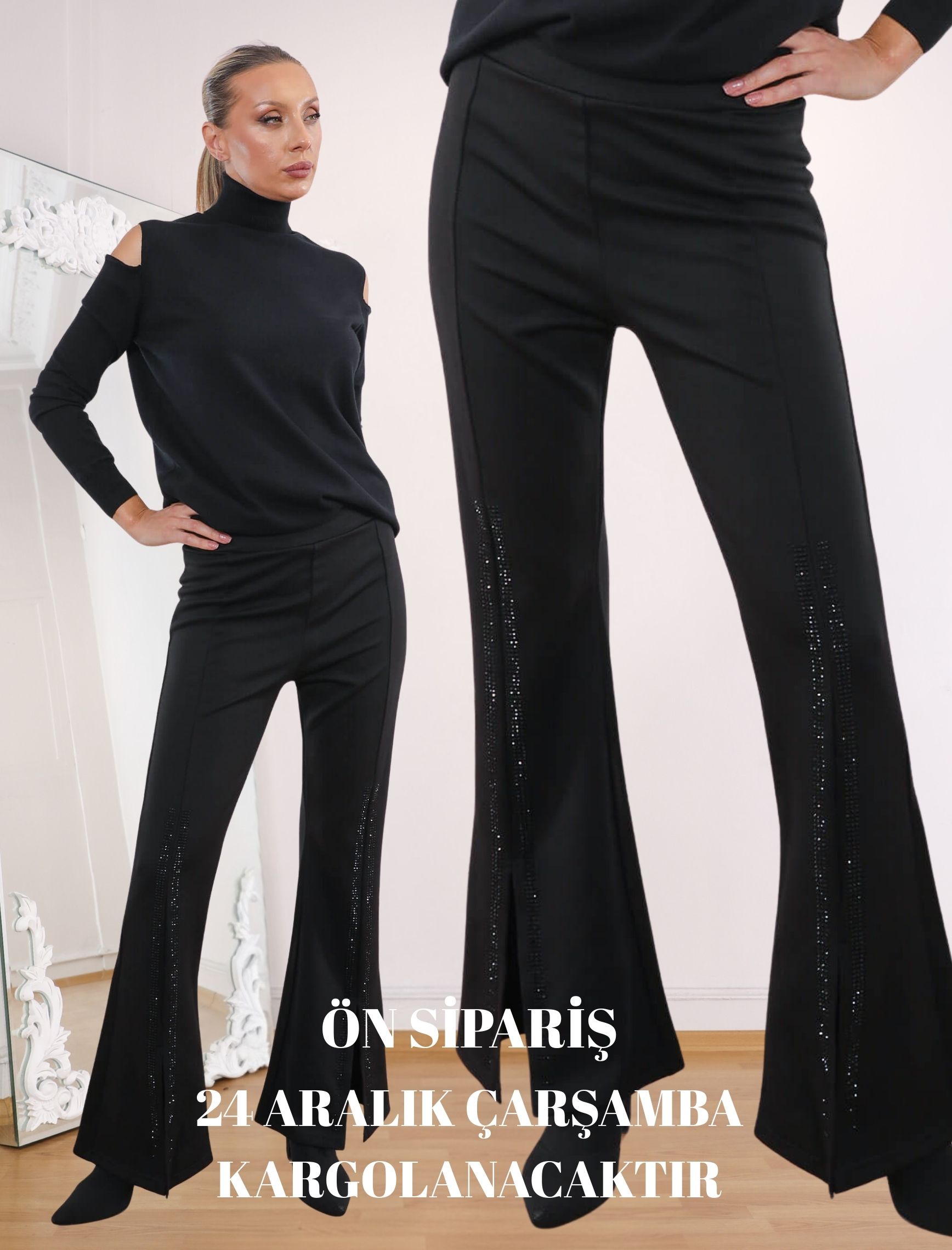 Siyah Ön Taş Yırtmaçlı Sparkle Strech Pantolon