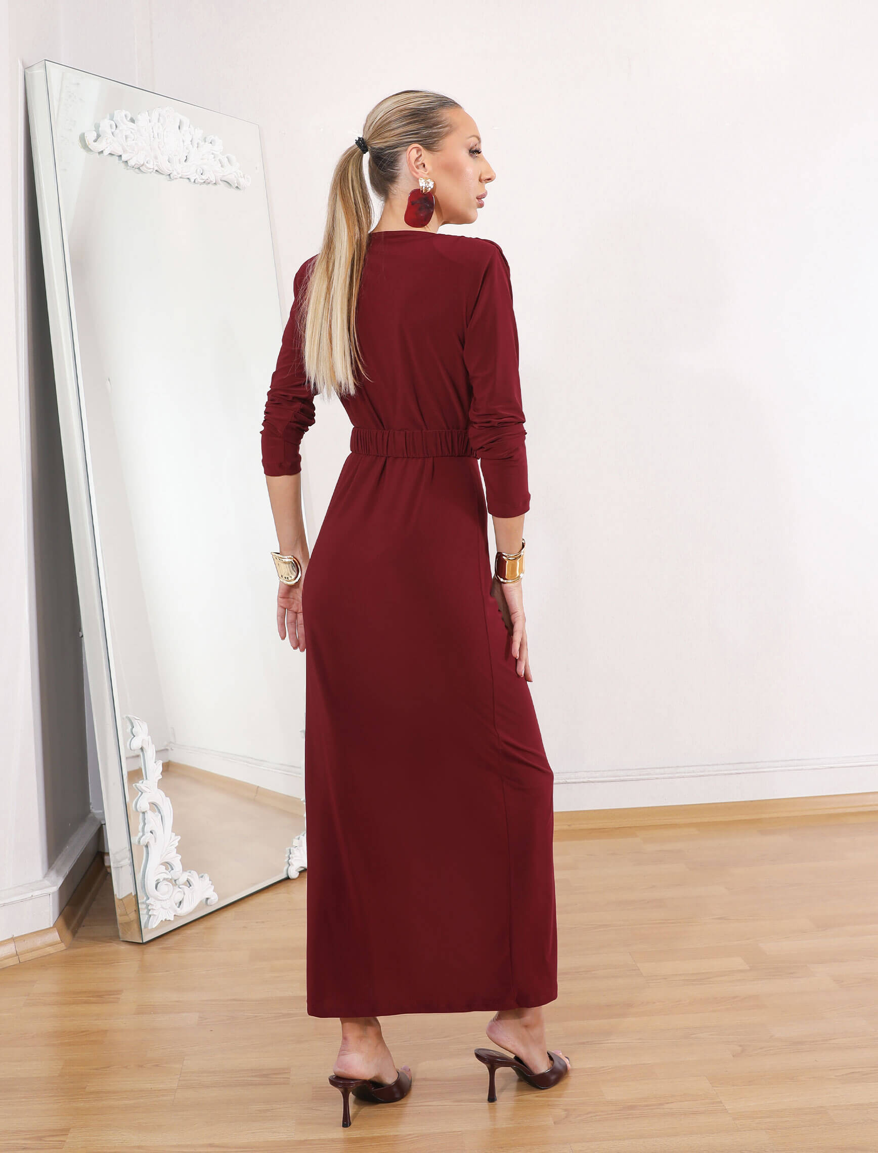 Bordo Kemerli Katra Elbise - Görsel 6