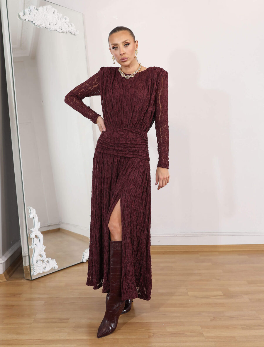 Bordo Drape Dantel Elbise