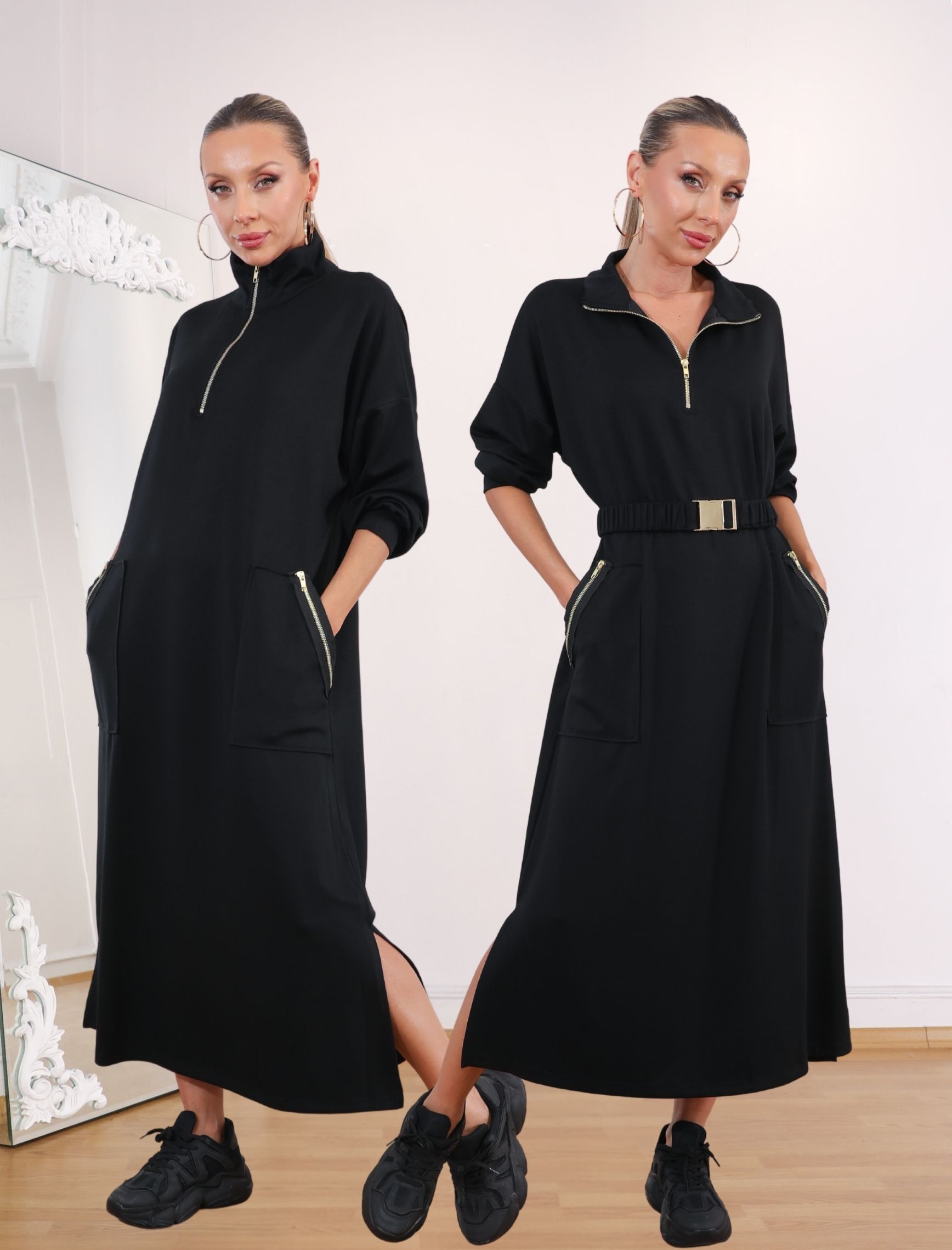 Siyah Palaska Kemer Fermaur Elbise