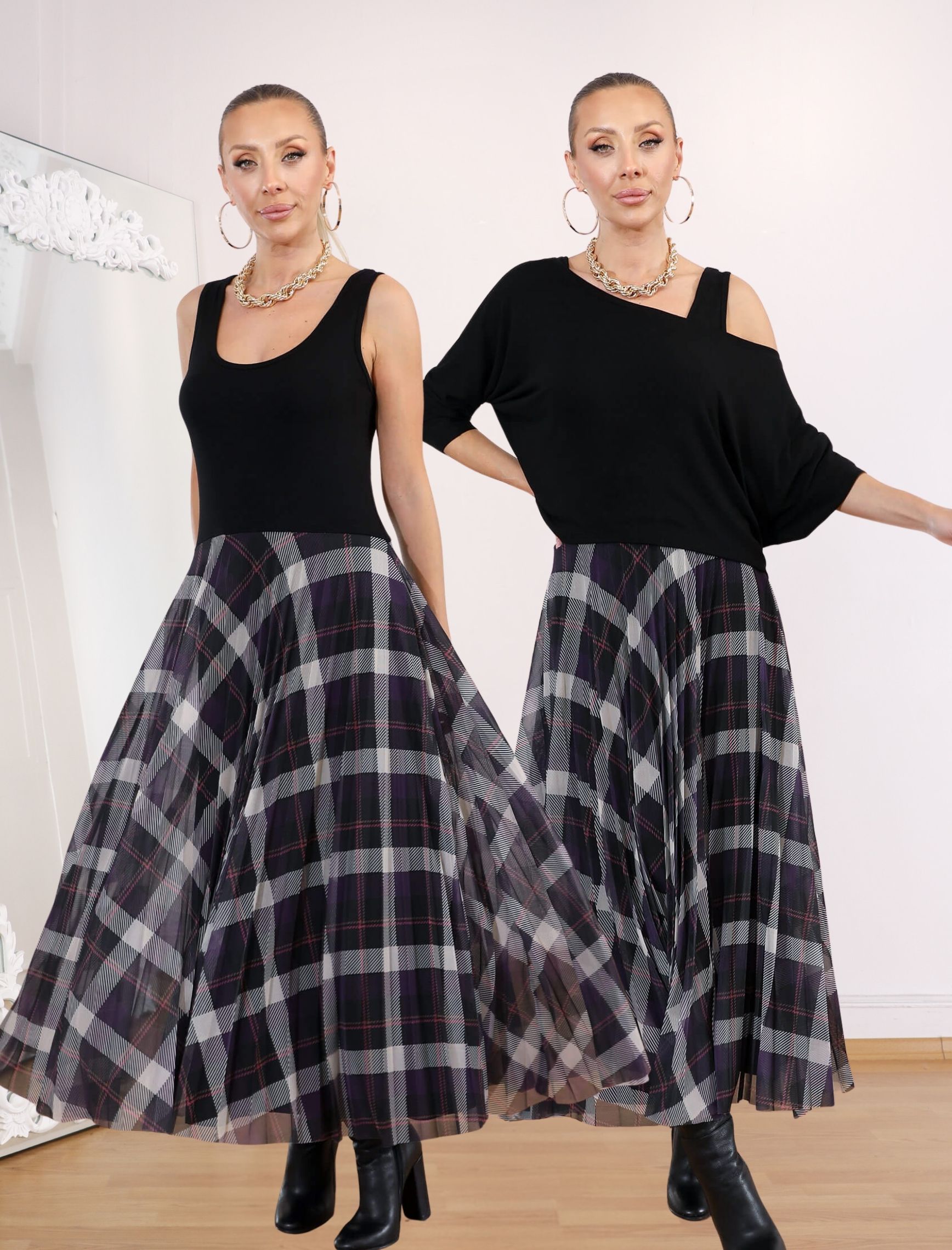 Siyah Ekose Etekli Rua Elbise