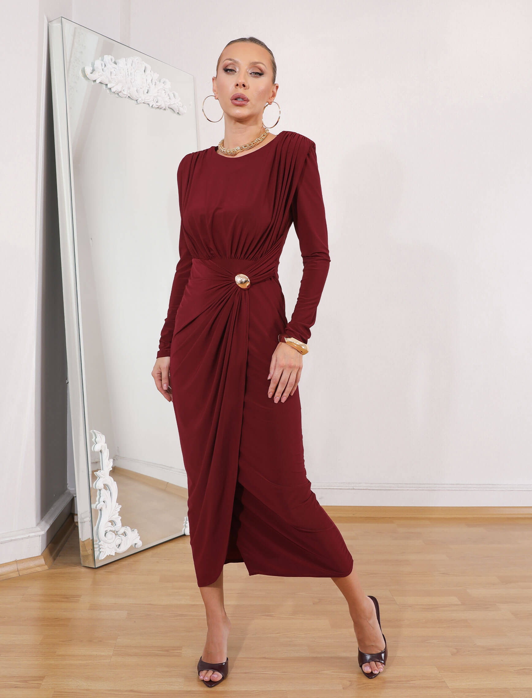 Bordo Murano Drape Elbise - Görsel 3