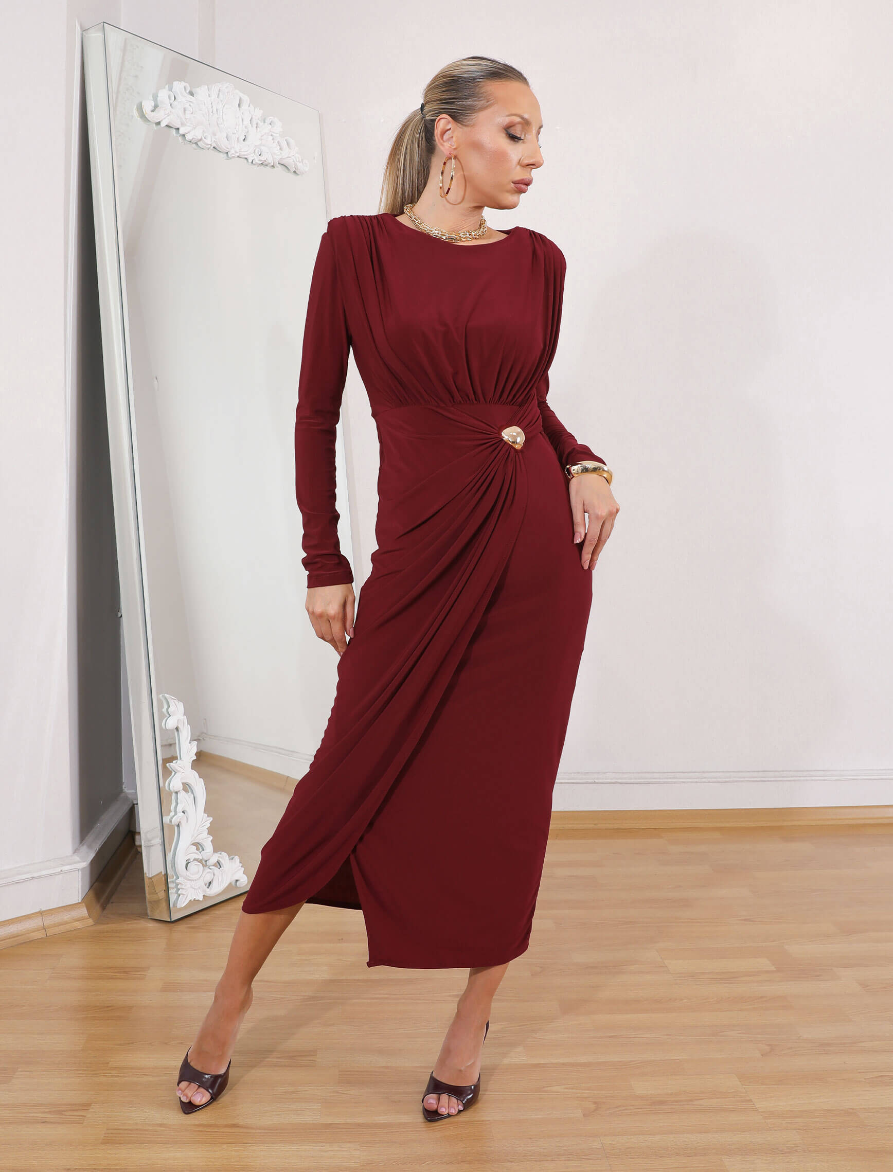 Bordo Murano Drape Elbise - Görsel 6