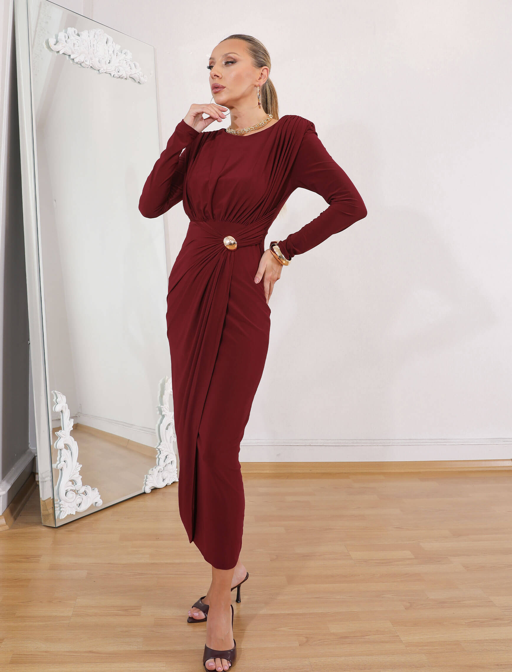 Bordo Murano Drape Elbise - Görsel 2