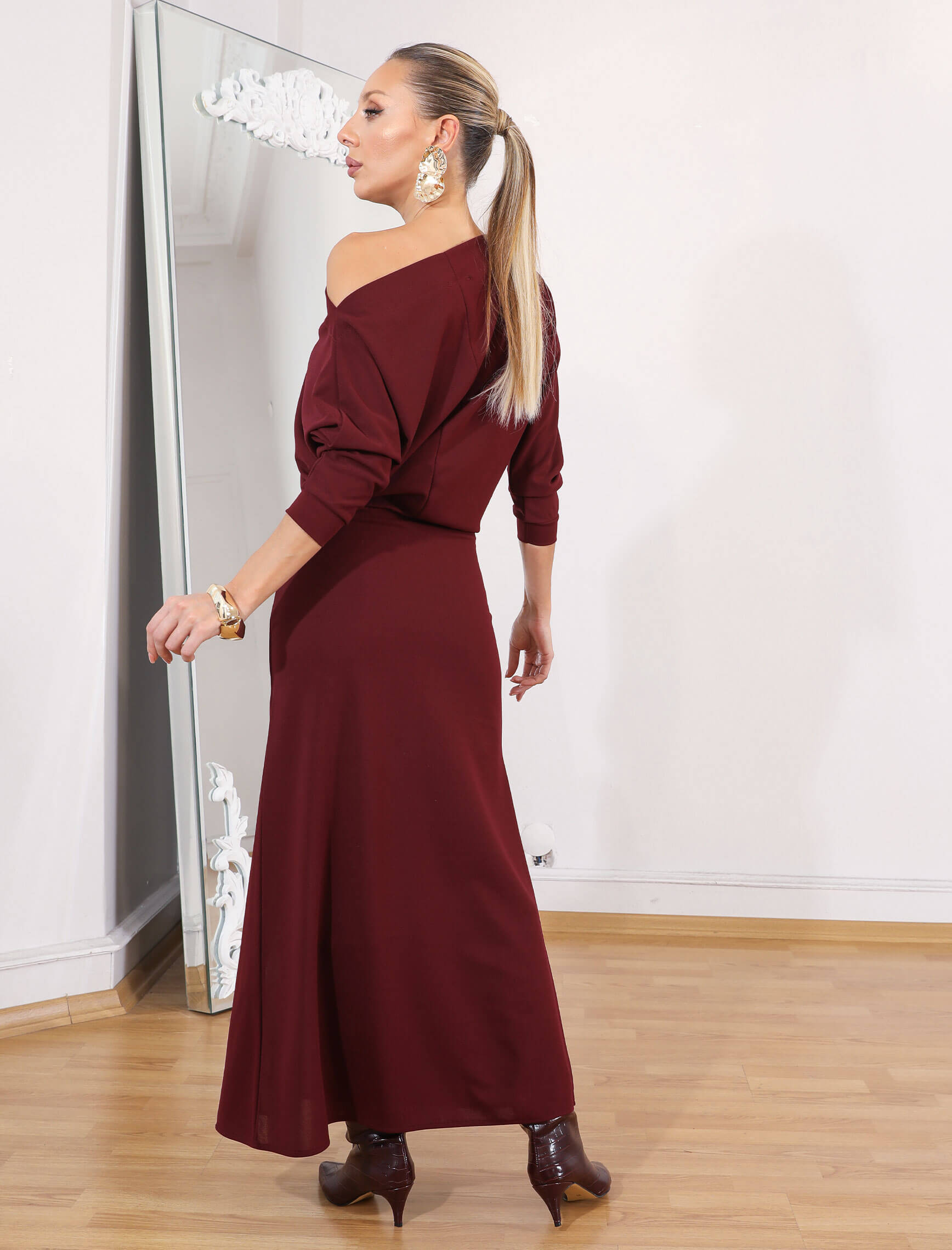 Bordo Diva Şifon Yırtmaç Elbise - Görsel 3