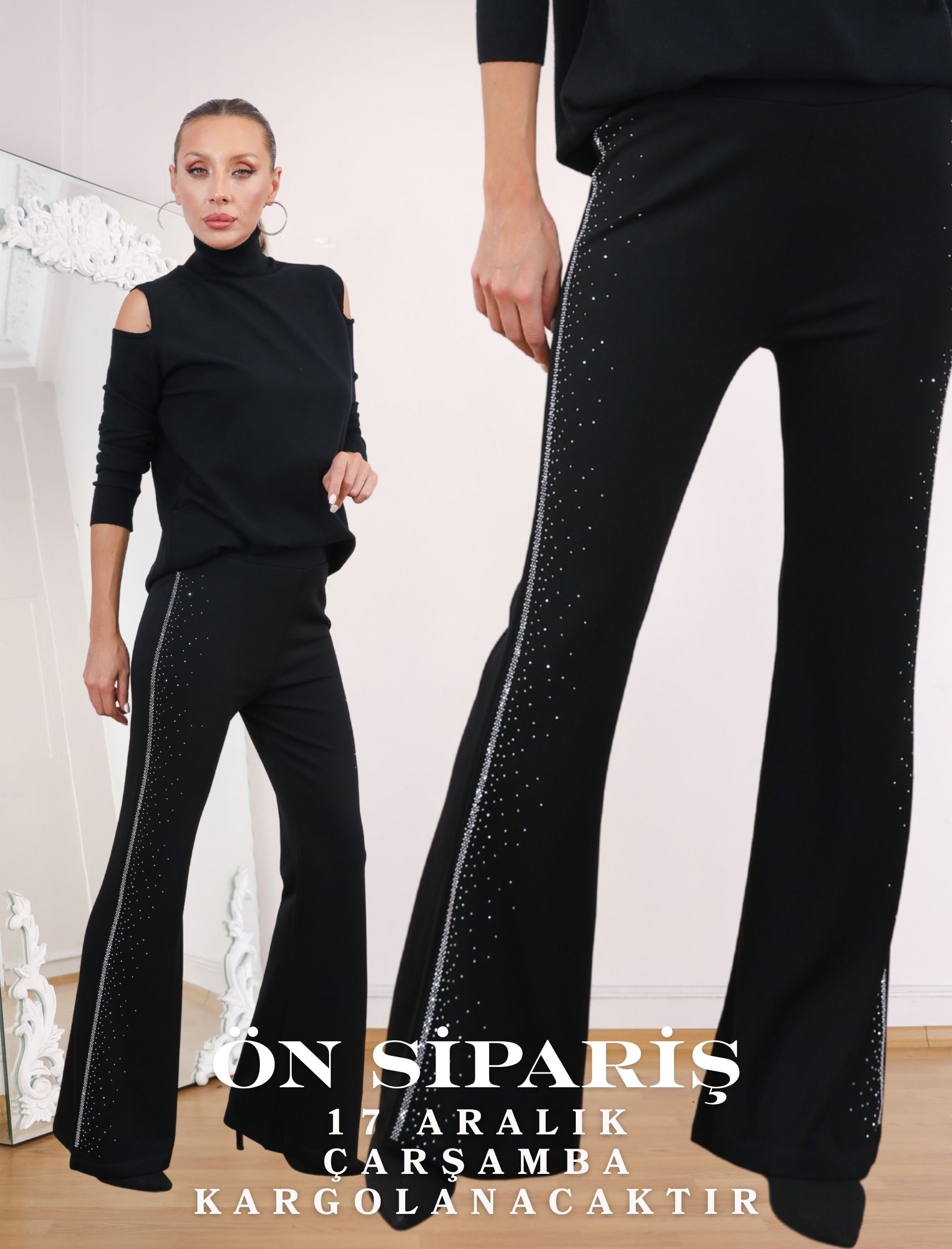 Siyah Gümüş Taşlı Sparkle Strech Pantolon