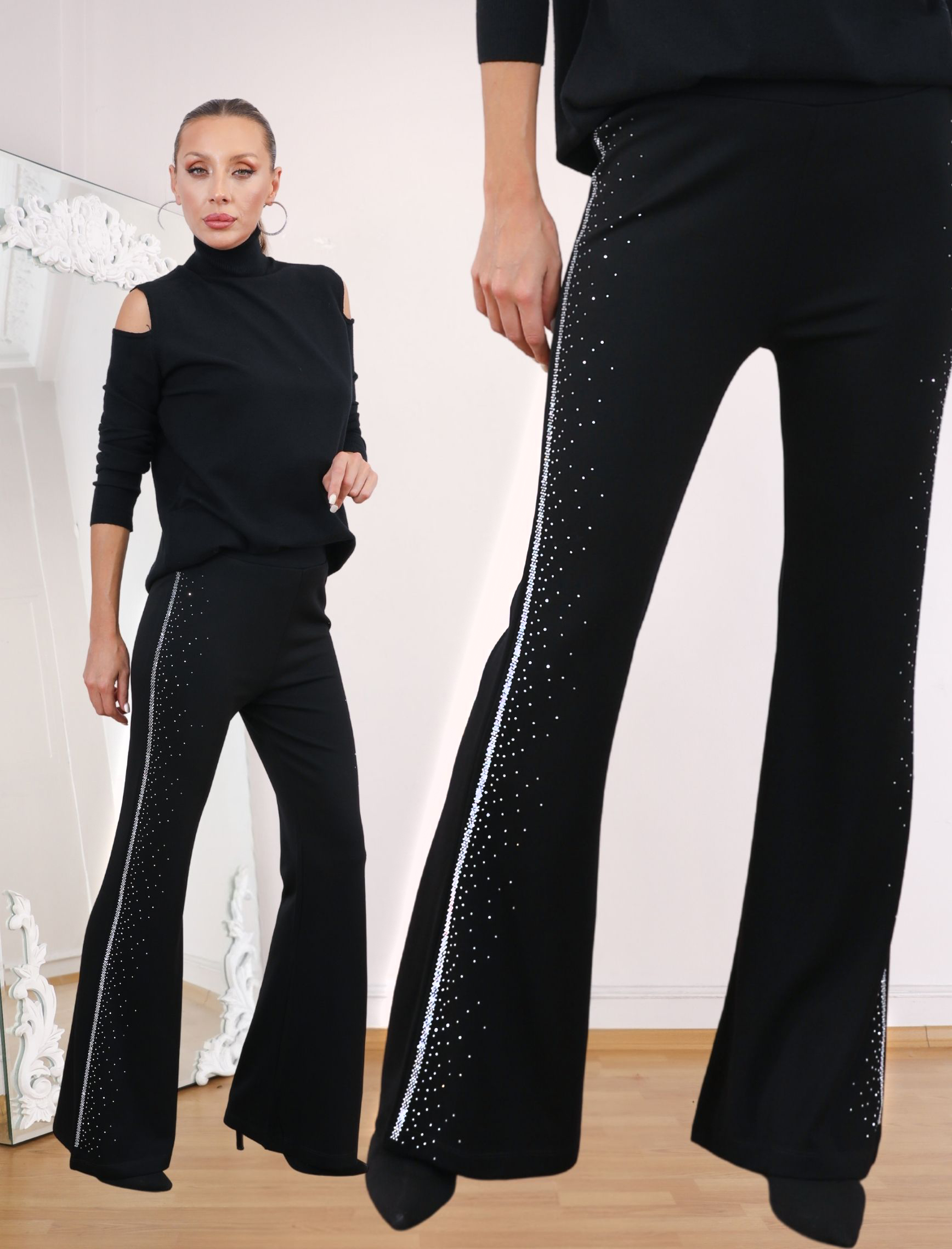 Siyah Gümüş Taşlı Sparkle Strech Pantolon