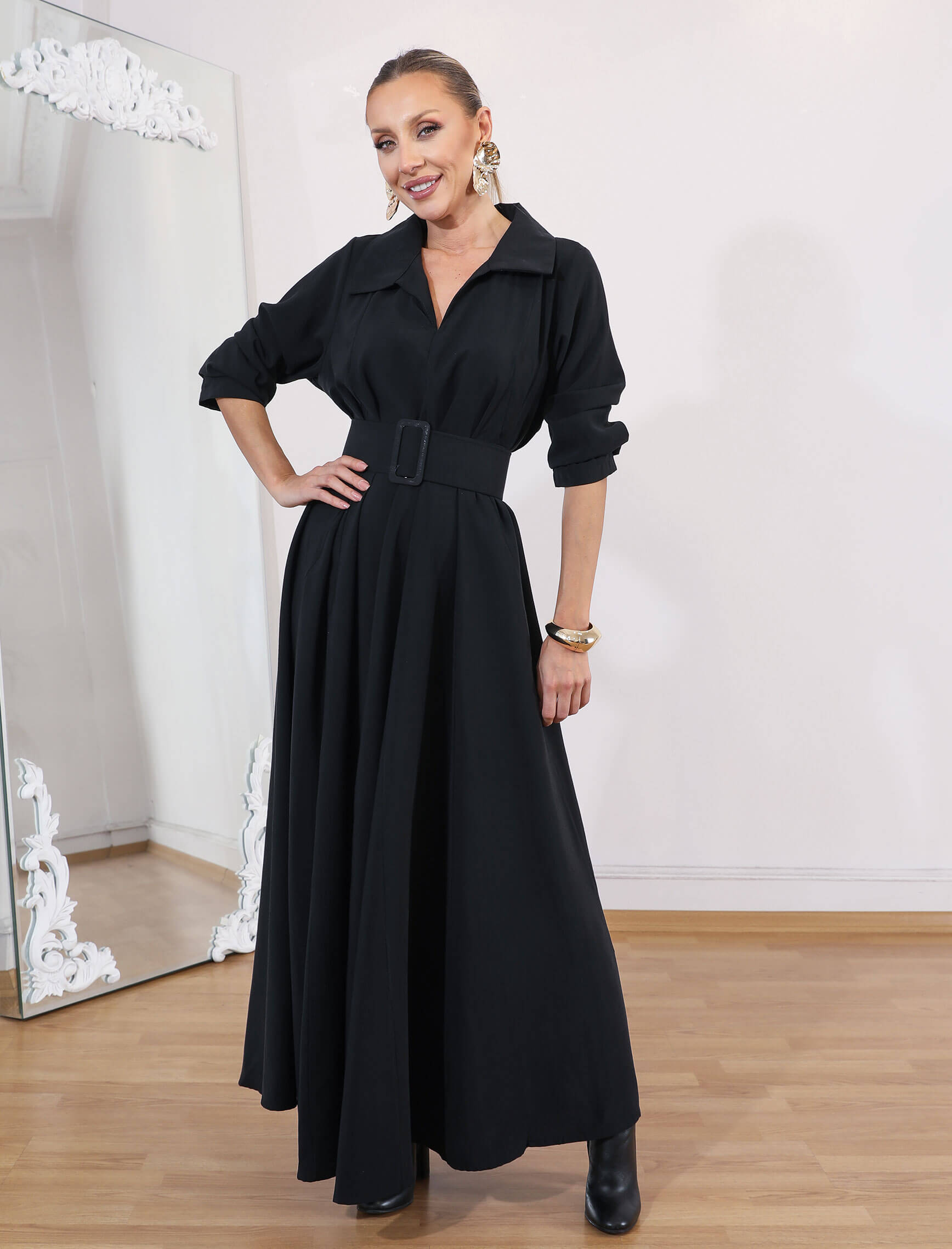 Siyah Tensel Piare Kemerli Elbise - Görsel 5