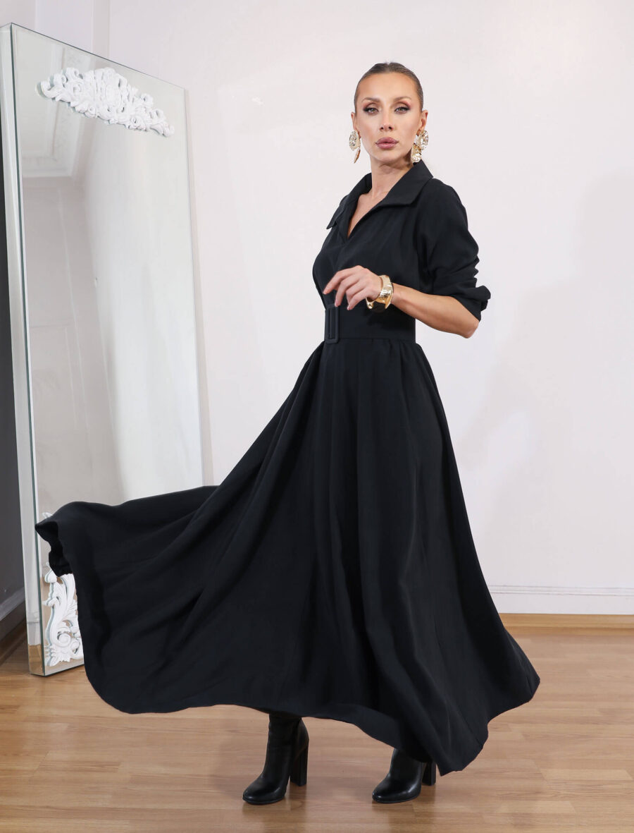 Siyah Tensel Piare Kemerli Elbise