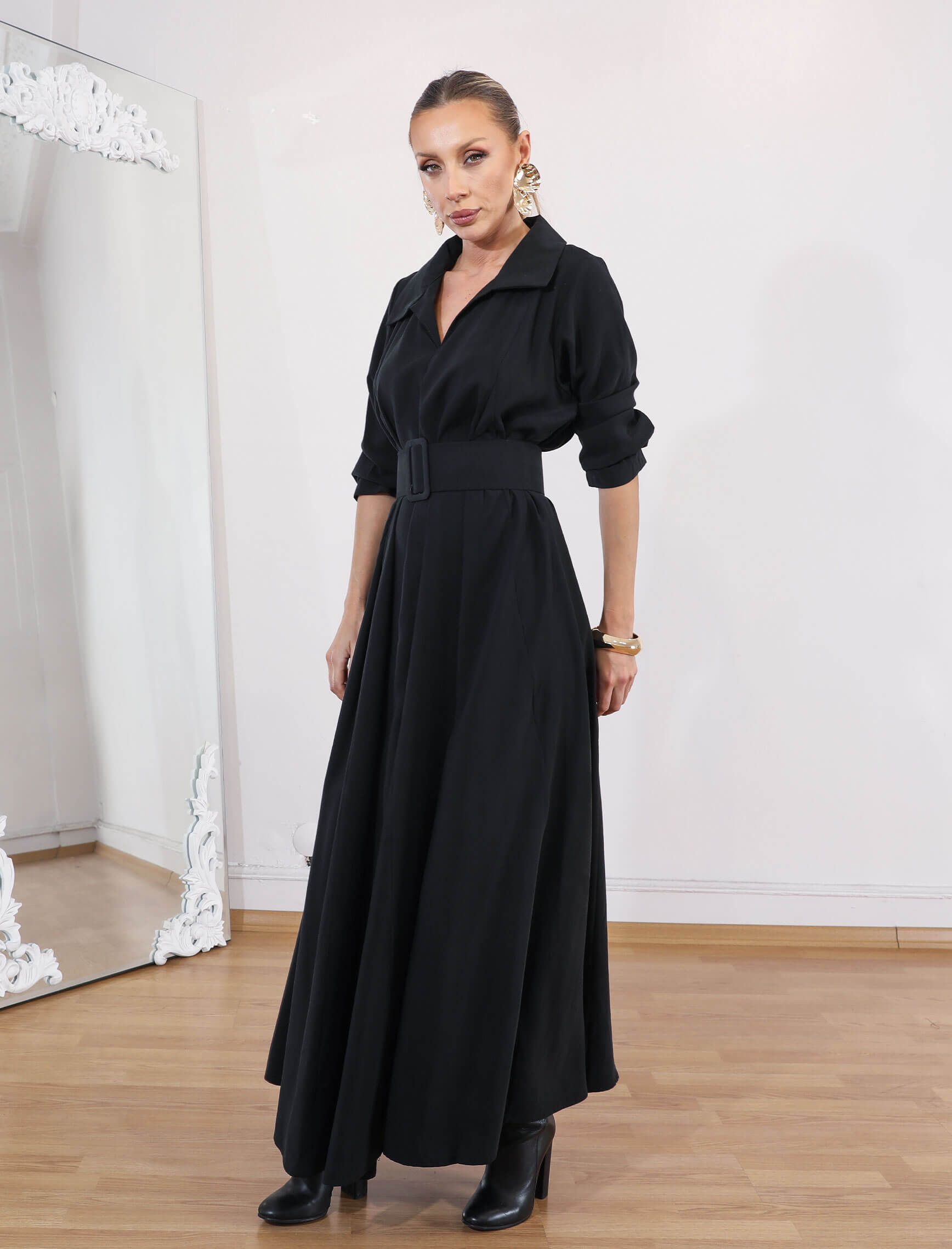 Siyah Tensel Piare Kemerli Elbise - Görsel 4