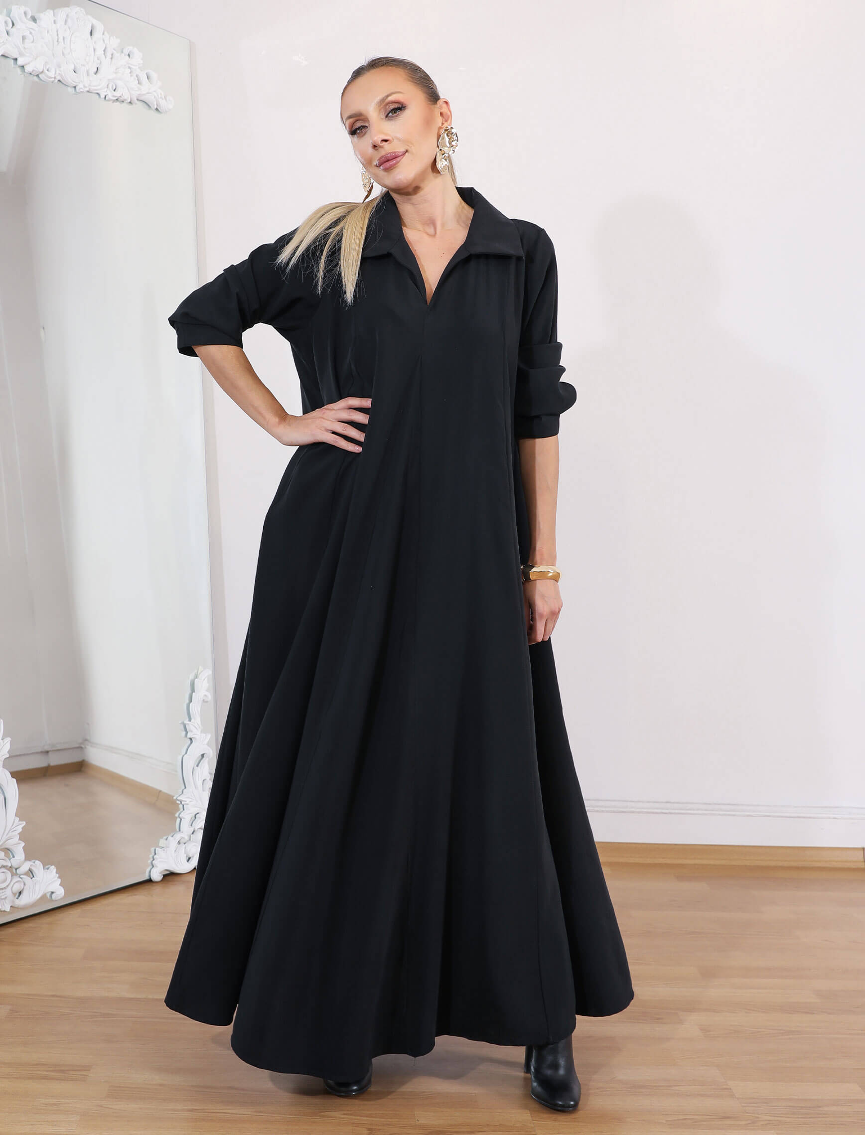 Siyah Tensel Piare Kemerli Elbise - Görsel 3