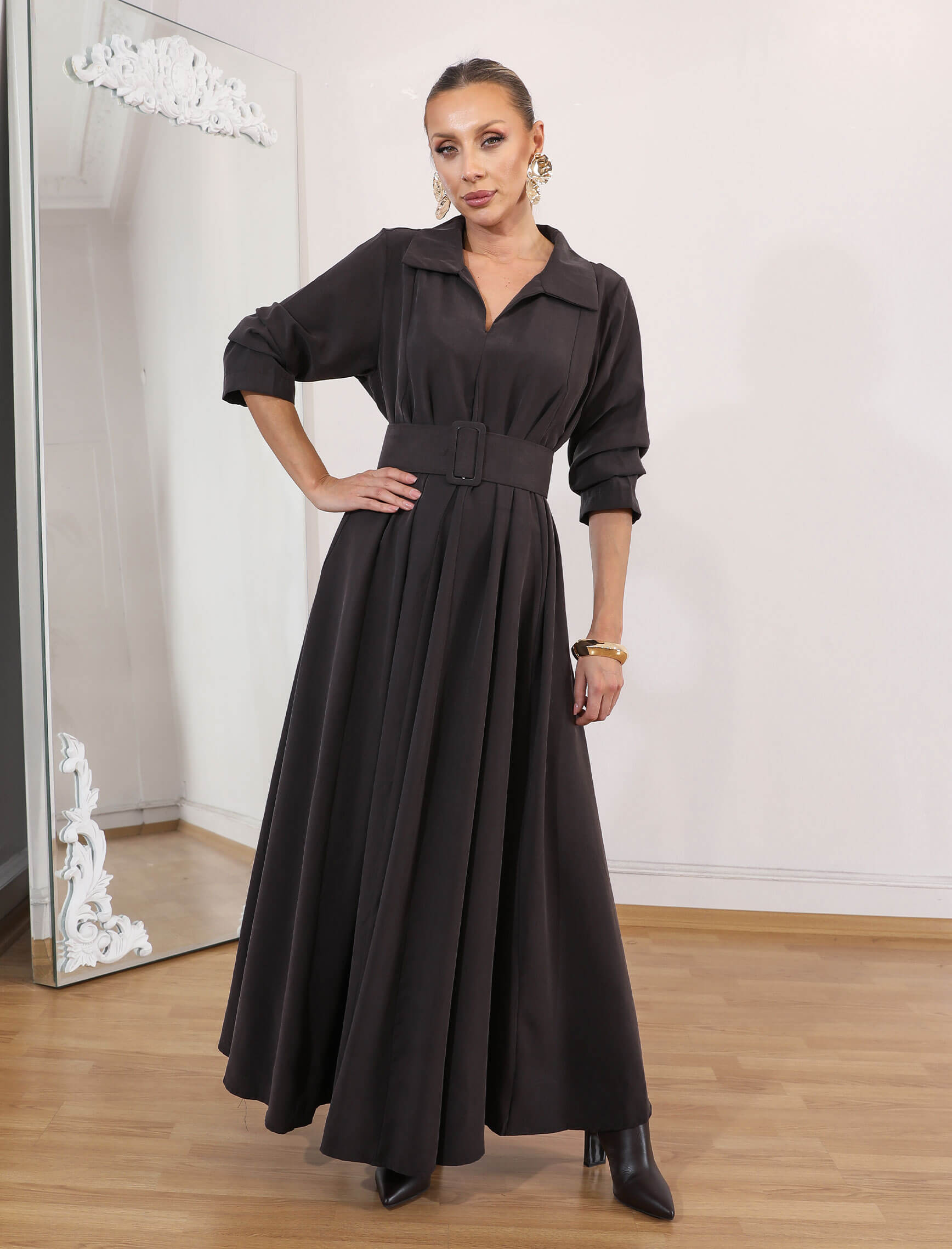 Kahve Tensel Piare Kemerli Elbise - Görsel 4