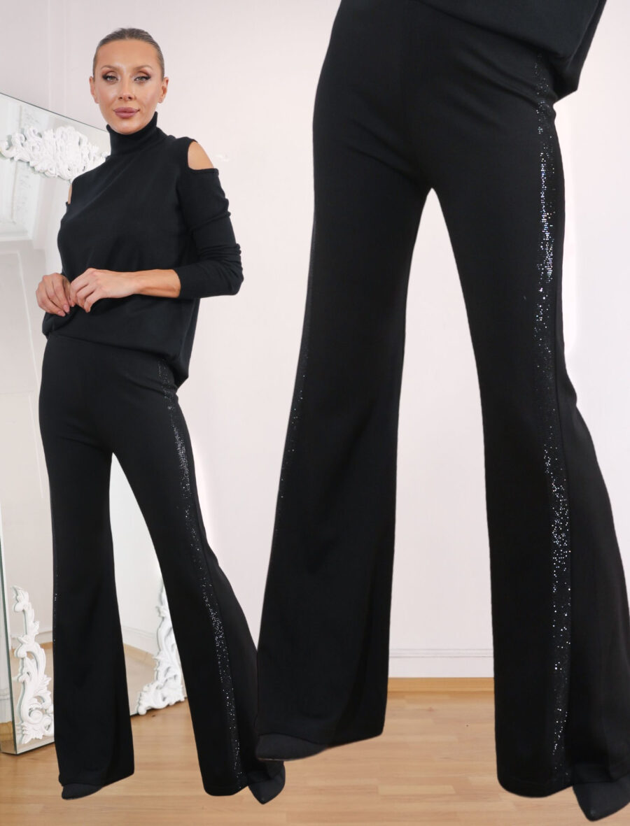 Siyah Yan Siyah Taşlı Sparkle Strech Pantolon