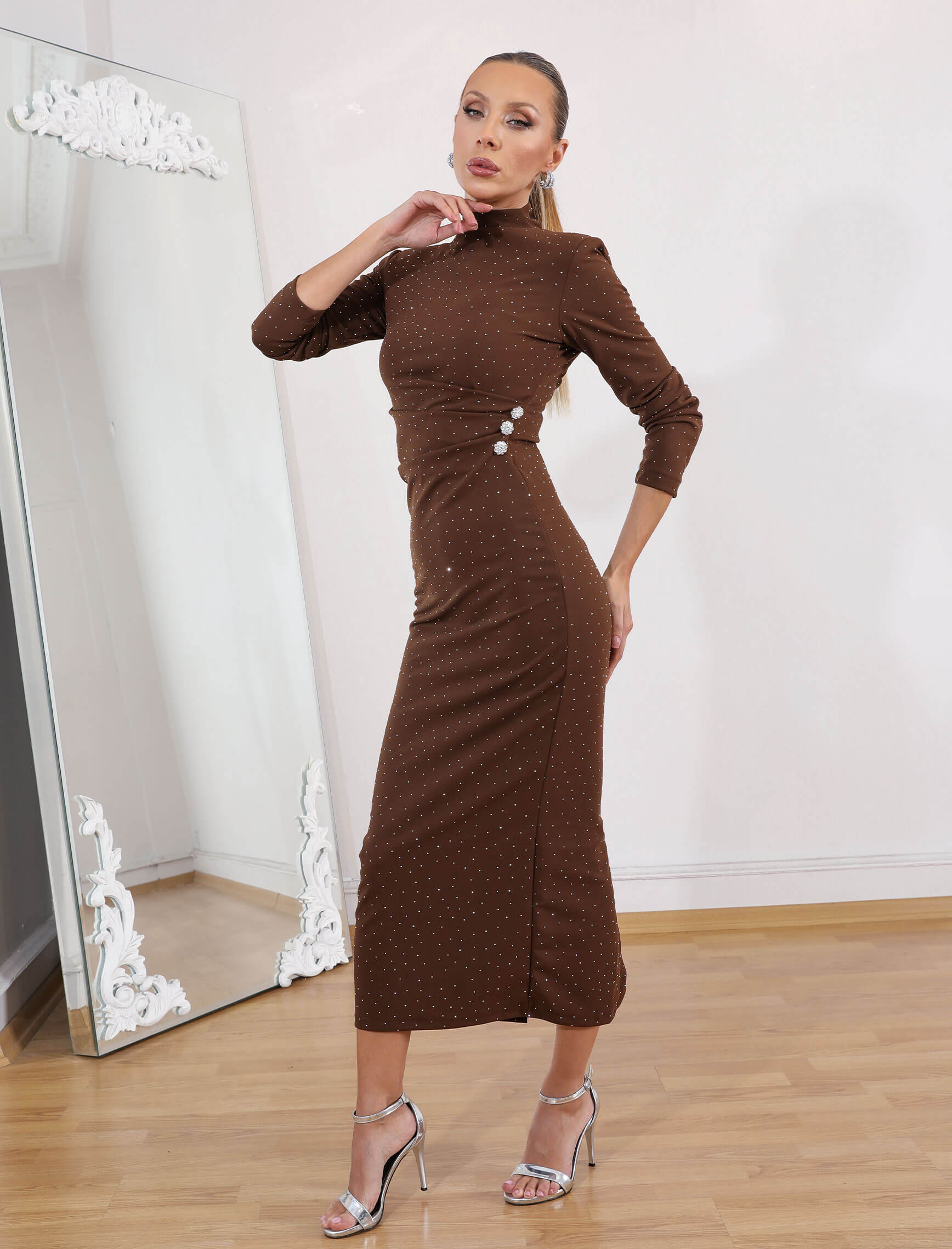 Kahve Gümüş Taş Lorein Elbise