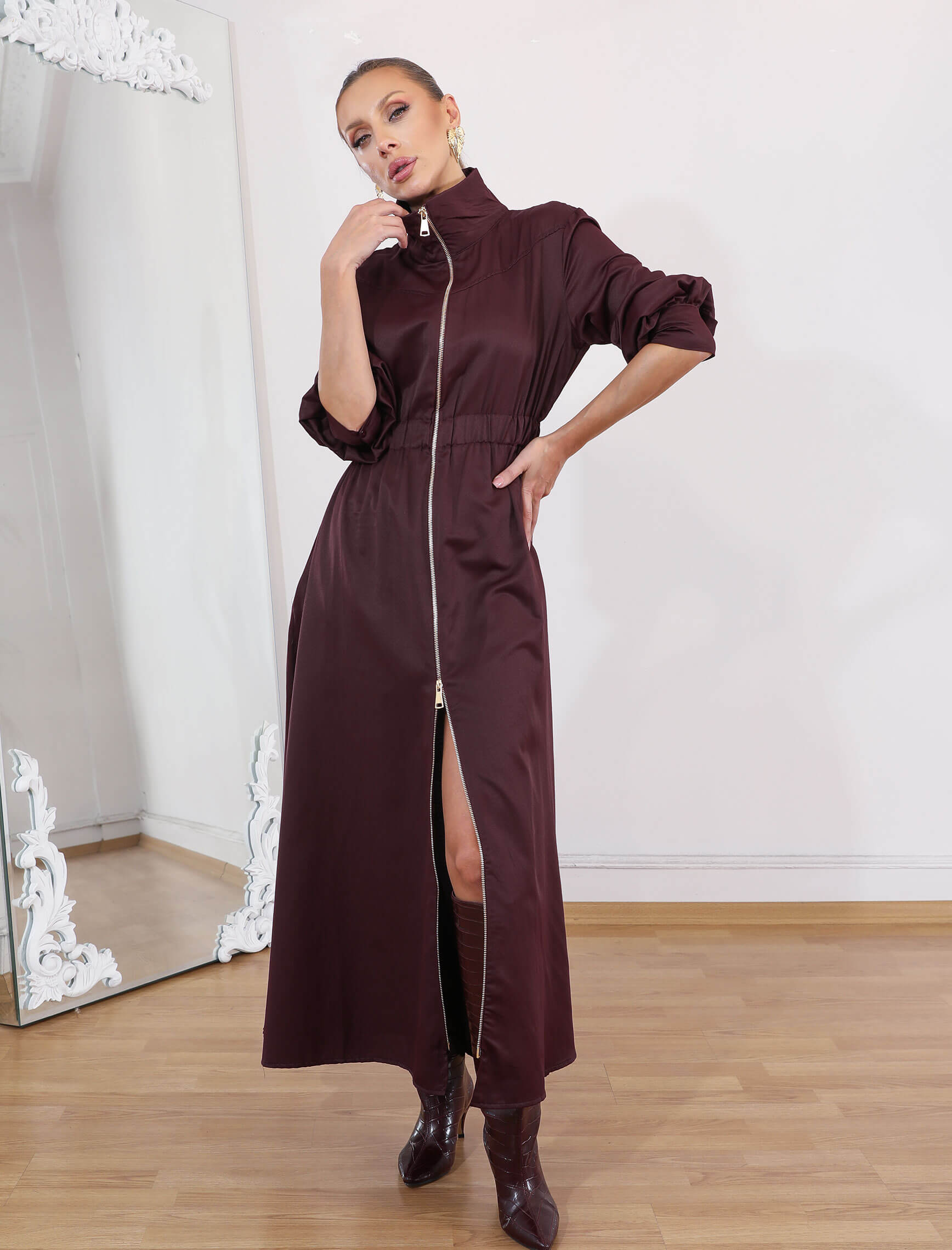 Mürdüm Riviera Fermuar Elbise - Görsel 6