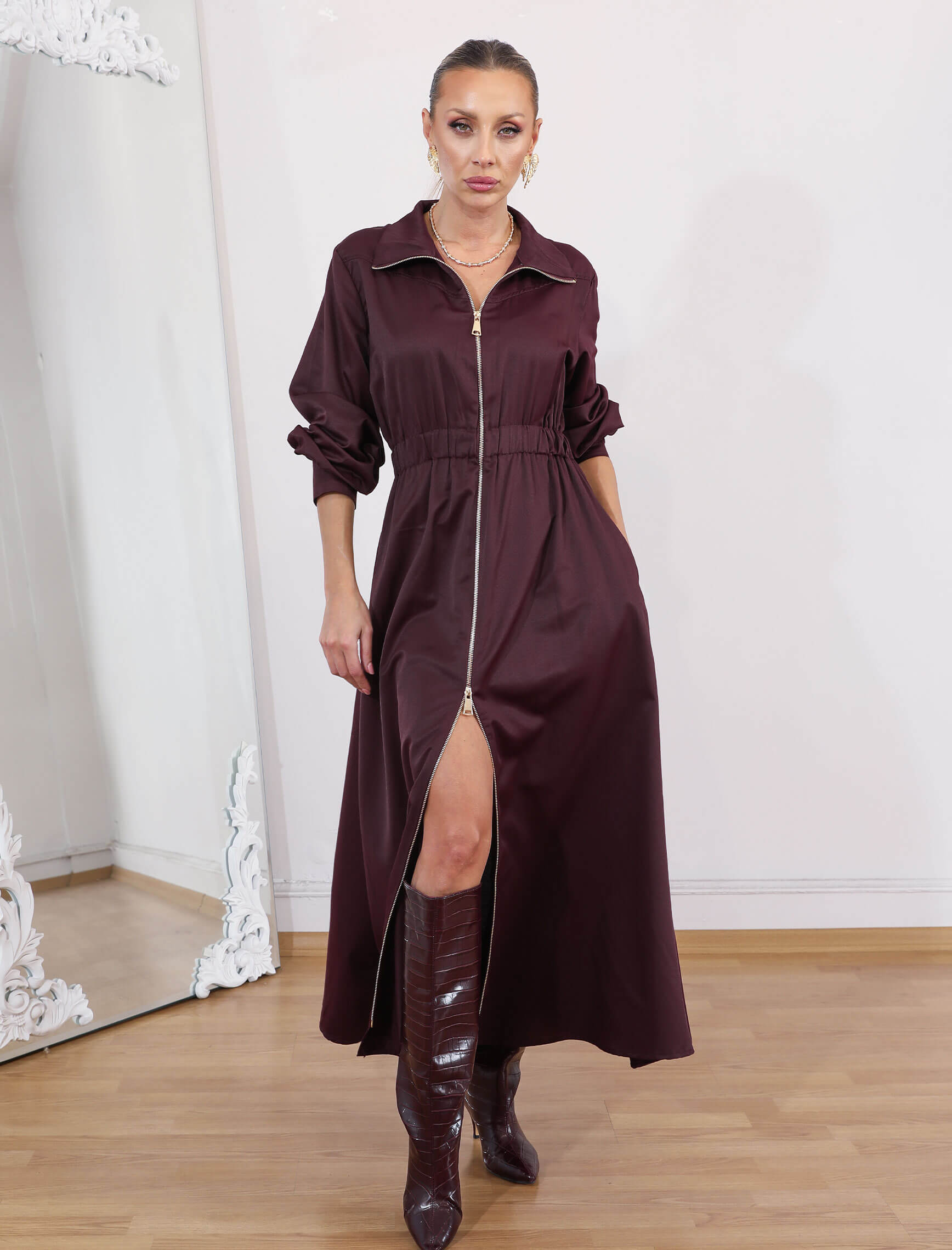 Mürdüm Riviera Fermuar Elbise - Görsel 2