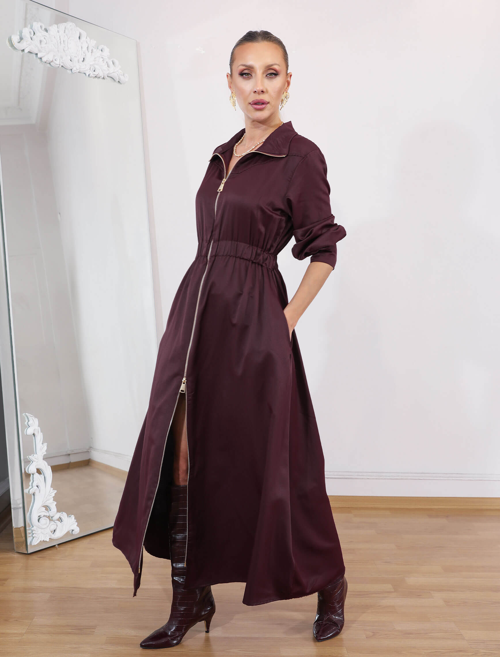 Mürdüm Riviera Fermuar Elbise - Görsel 3