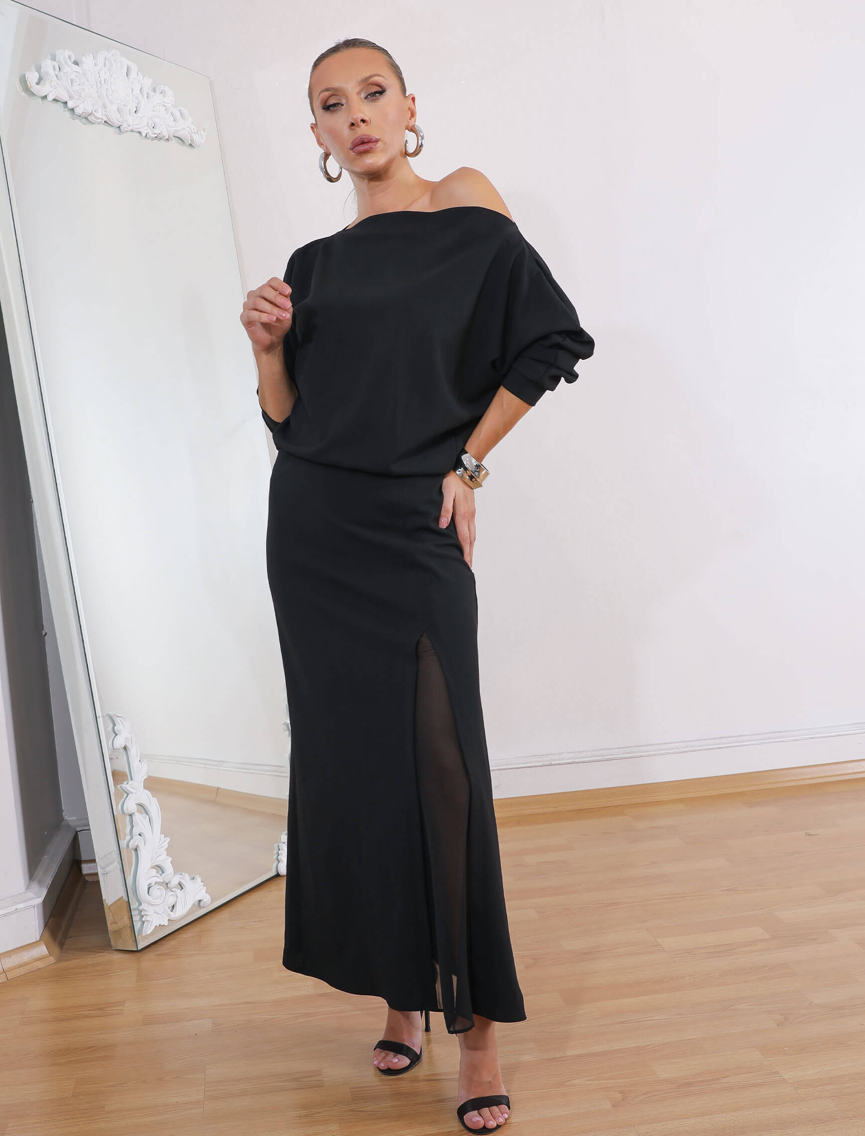 Siyah Diva Şifon Yırtmaç Elbise - Görsel 3