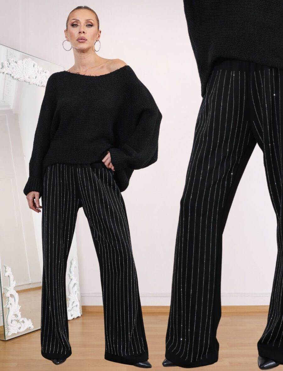 Siyah Çizgi Taşlı Clara Pantolon